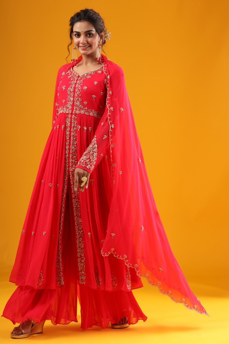 Cherry Pink Hand Embroidered Kurta & Palazzo With Dupatta