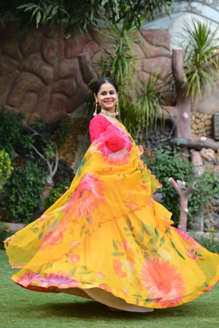 Mustard Floral Organza Silk Lehenga Set