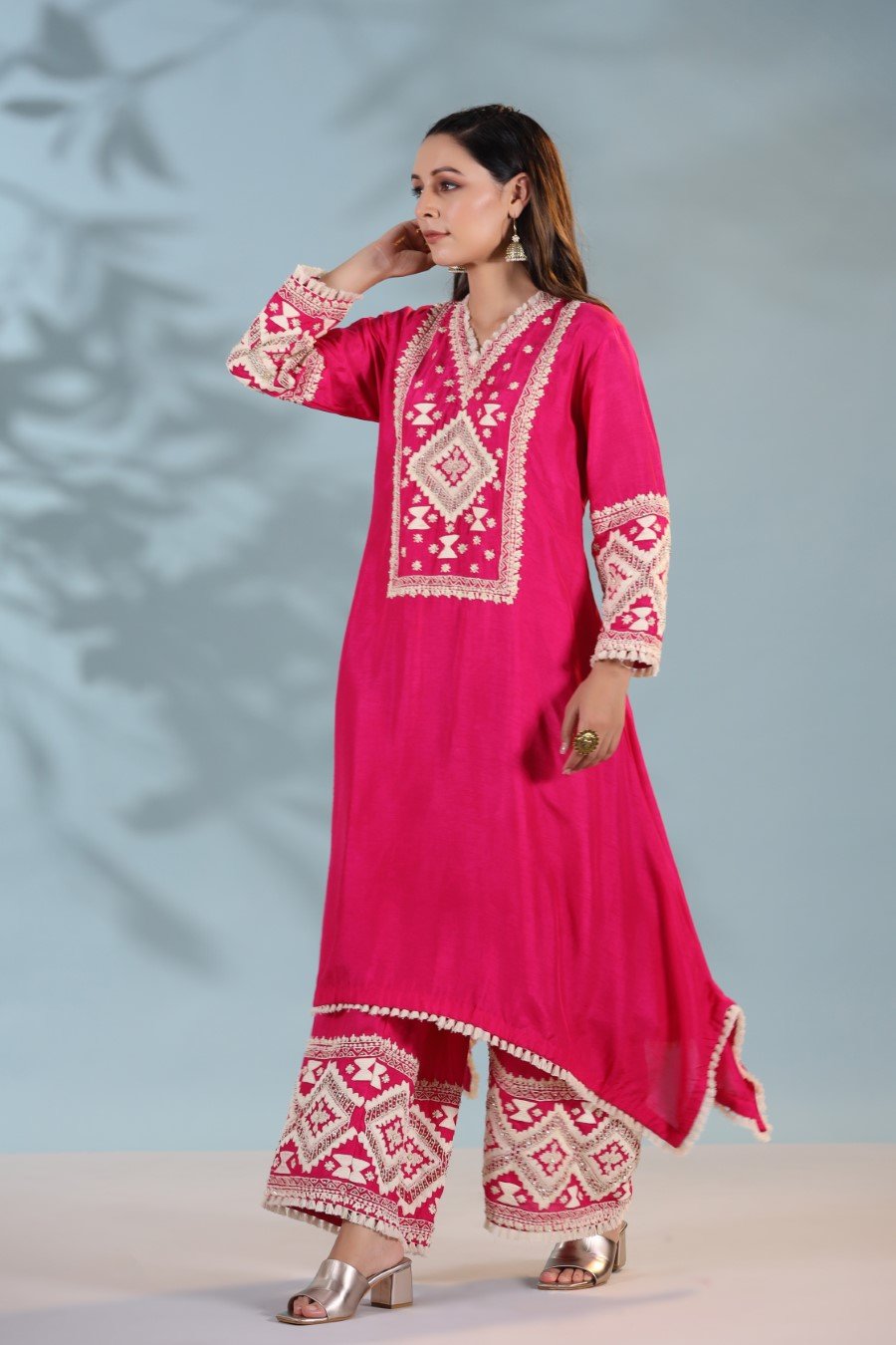 Hot Pink Kashmiri Embroidered Kurta with Palazzo