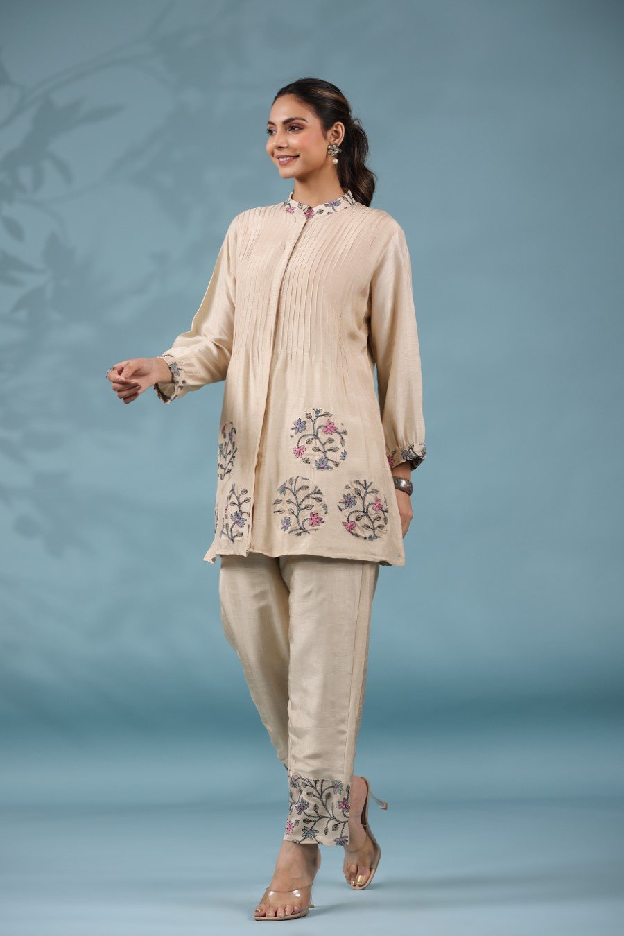 Cream Tussar Silk Kantha Embroidered Co-ord Set