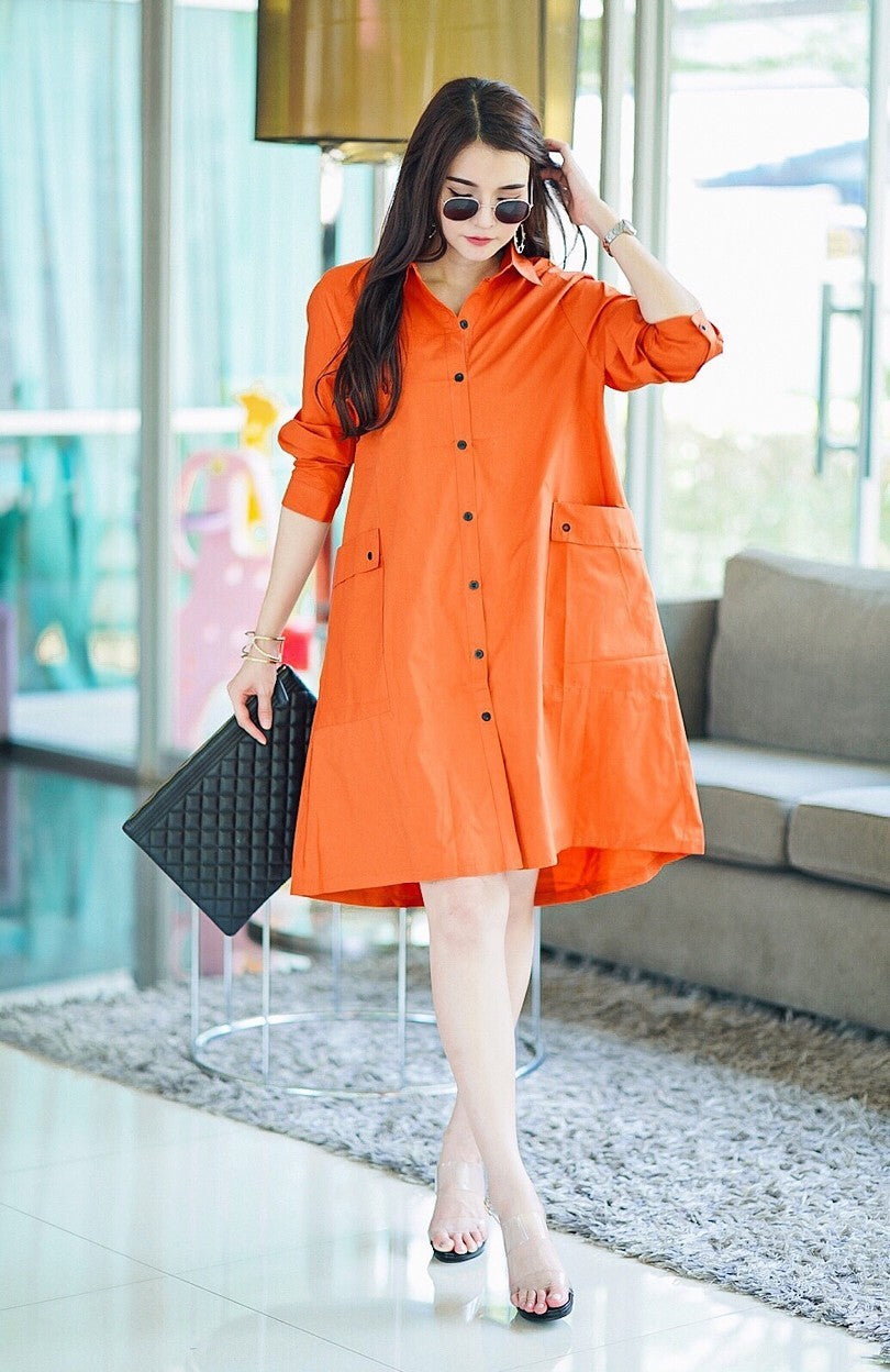 Orange Lace-Up Back Cotton Shirt Dress