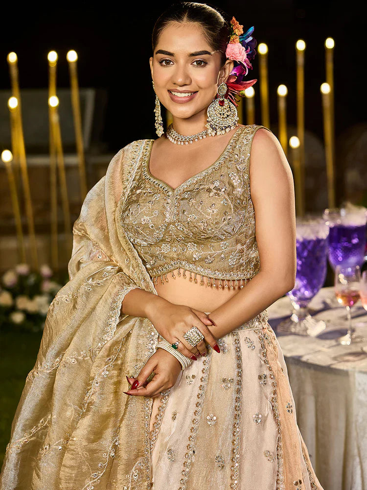 Cream Coffee Embellished Premium Silk Lehenga Set