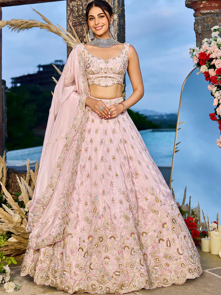 Baby Pink Embellished Tissue Silk Lehenga Set