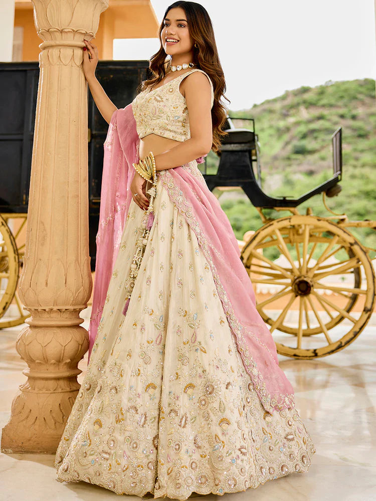 Cream and Pink Embellished Tissue Silk Lehenga Set