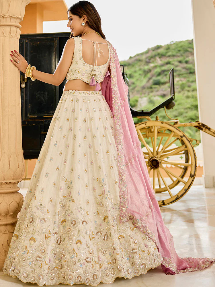 Cream and Pink Embellished Tissue Silk Lehenga Set