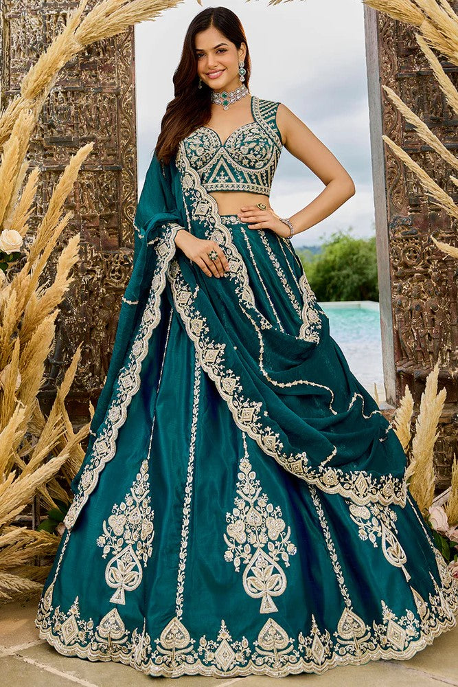 Dark Teal Embellished Premium Silk Lehenga Set