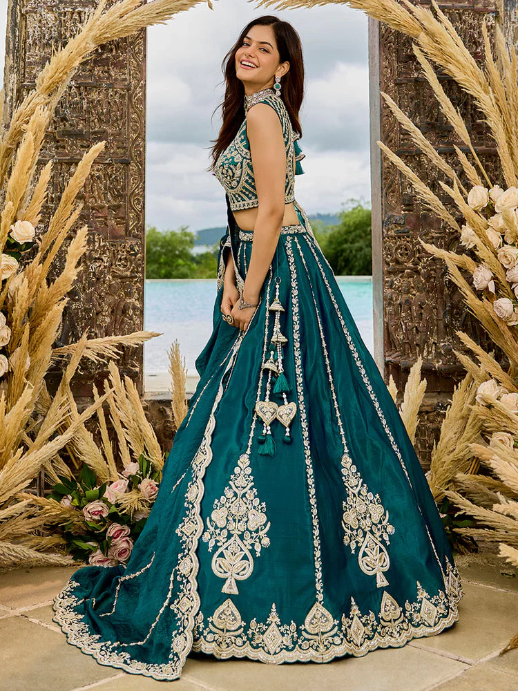 Dark Teal Embellished Premium Silk Lehenga Set