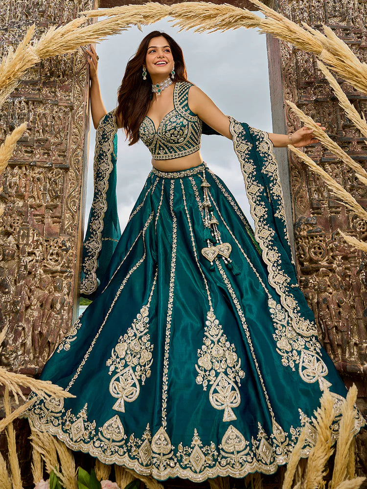 Dark Teal Embellished Premium Silk Lehenga Set