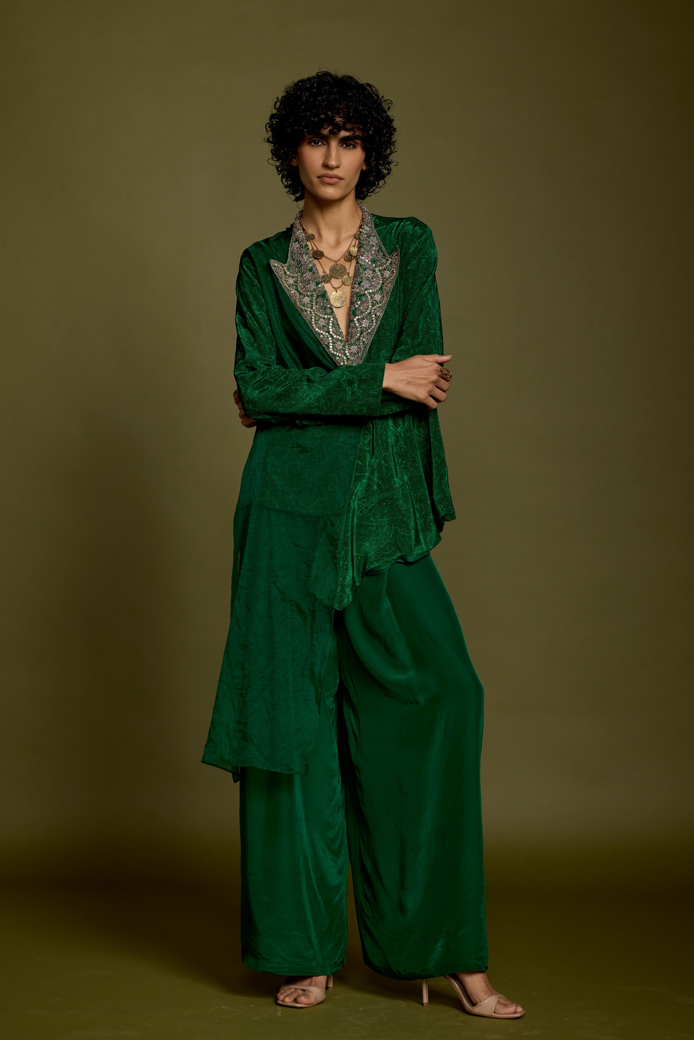 Emerald Green Embellished Satin Silk Co-Ord Set