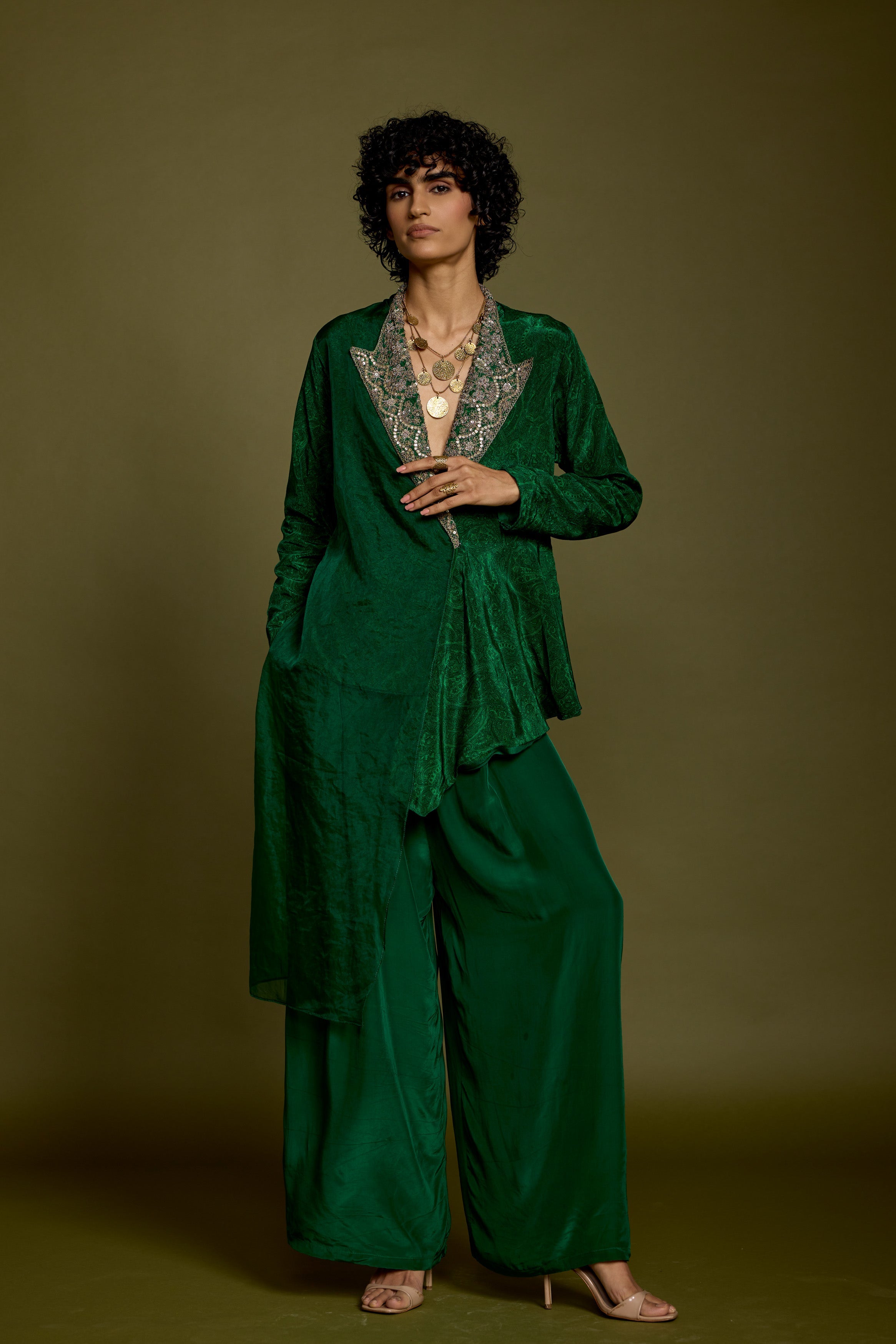 Emerald Green Embellished Satin Silk Co-Ord Set
