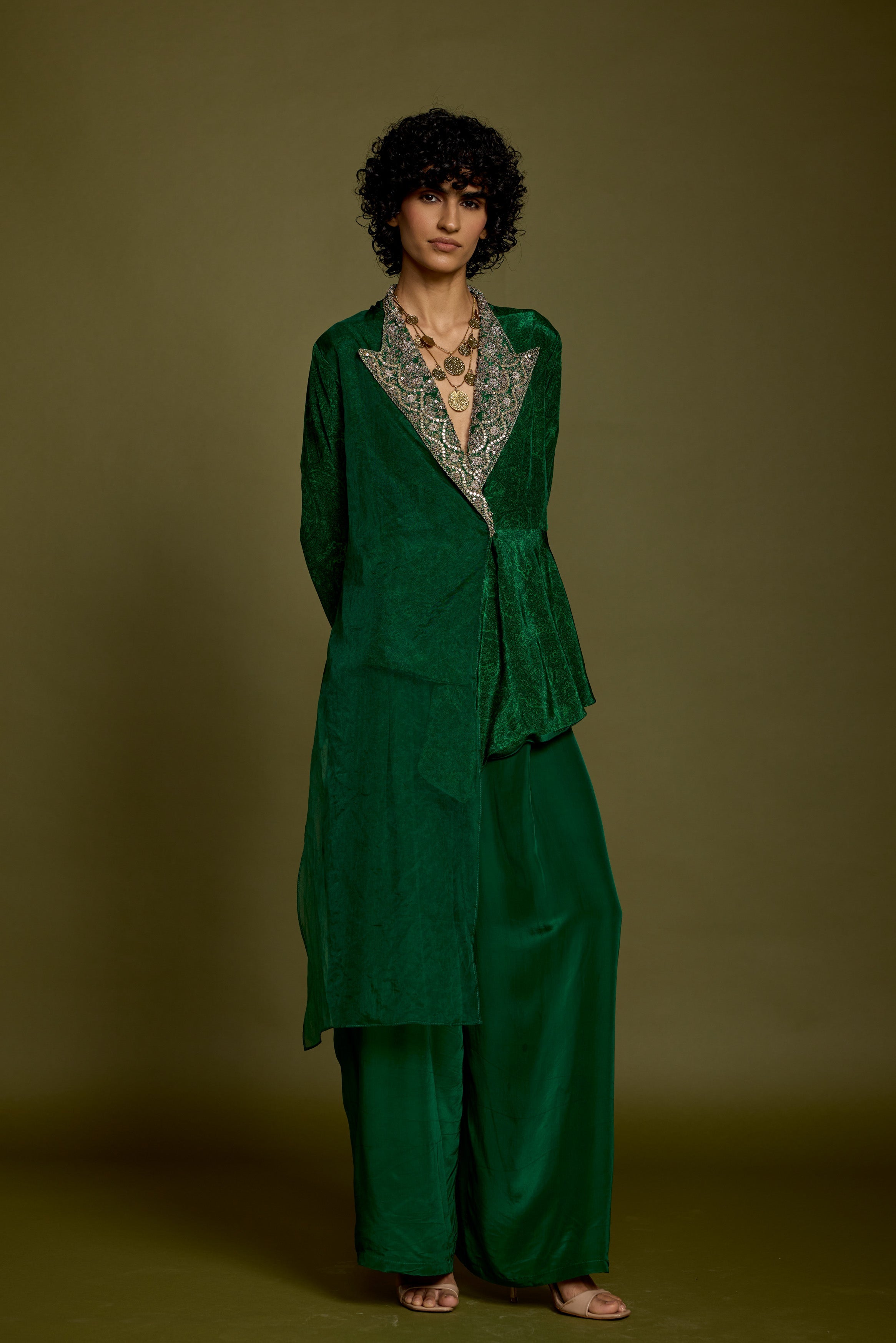 Emerald Green Embellished Satin Silk Co-Ord Set