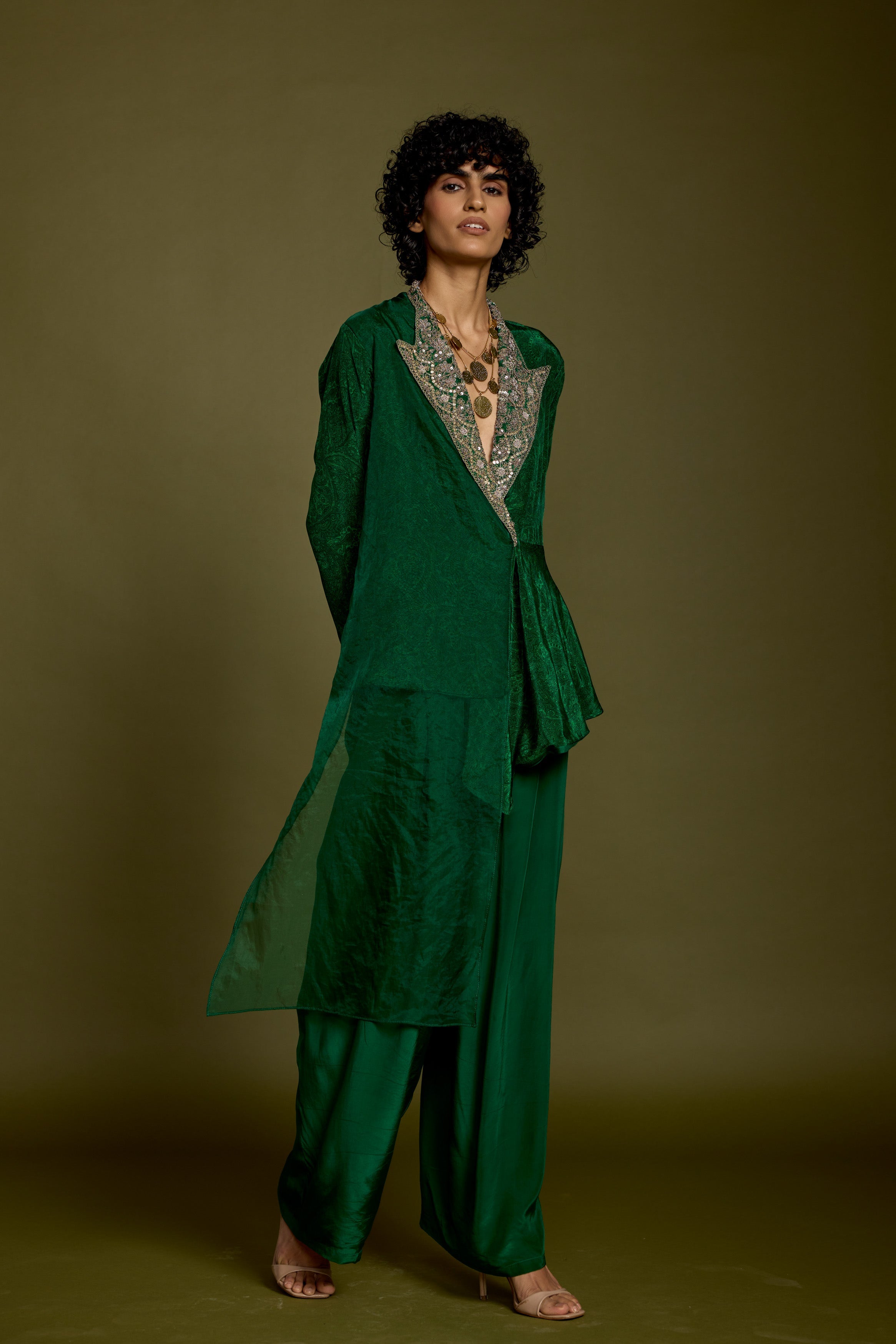 Emerald Green Embellished Satin Silk Co-Ord Set