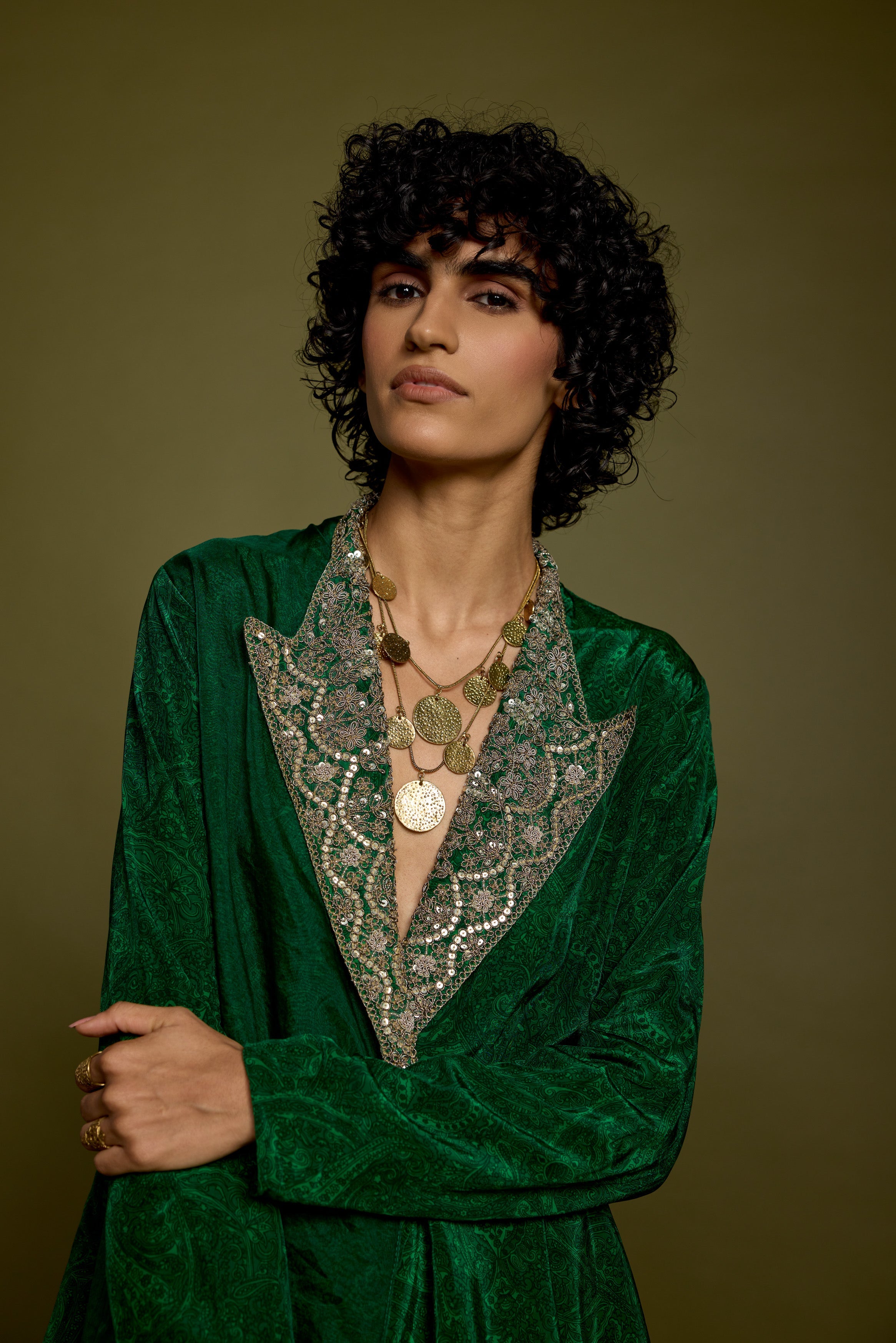 Emerald Green Embellished Satin Silk Co-Ord Set