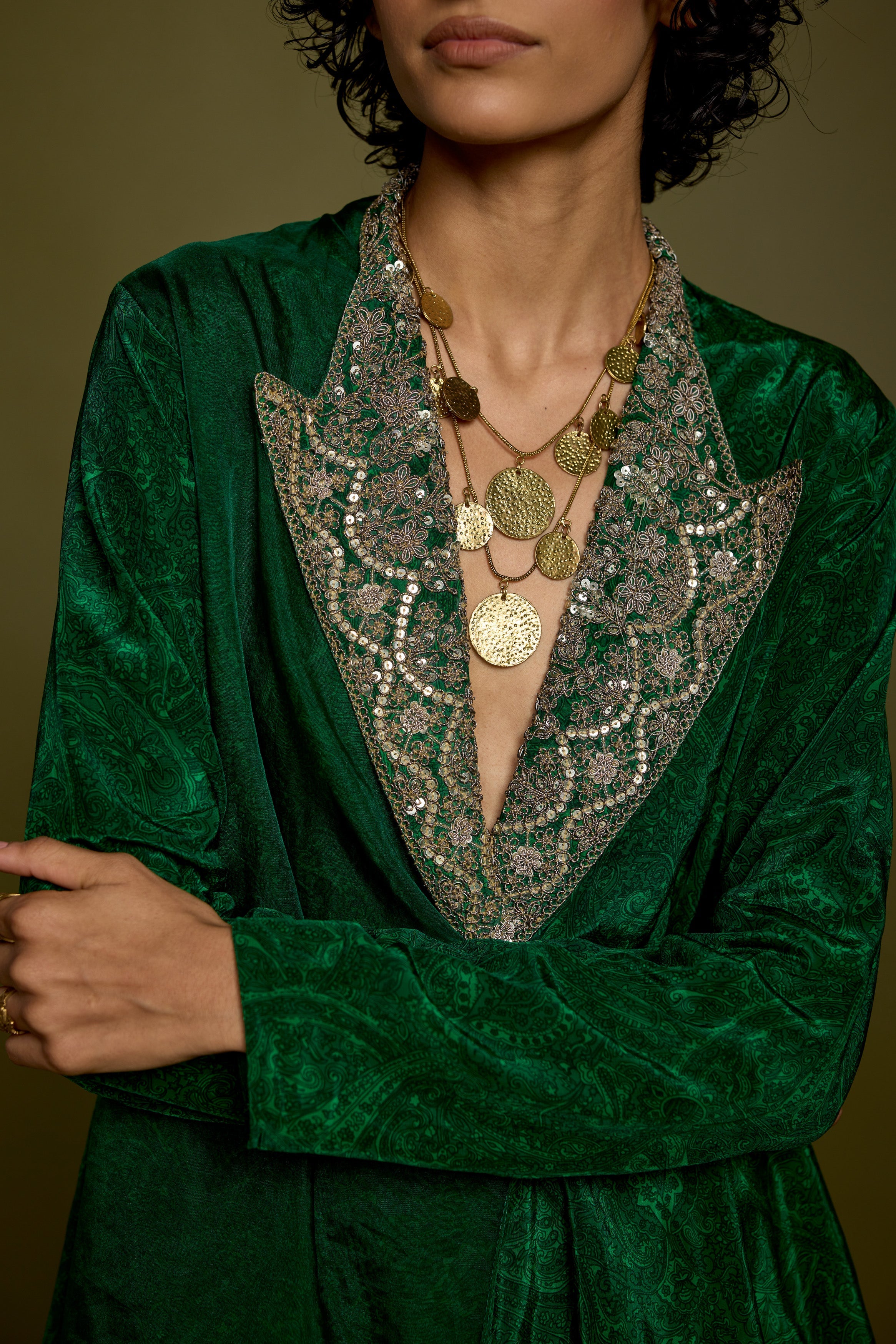 Emerald Green Embellished Satin Silk Co-Ord Set