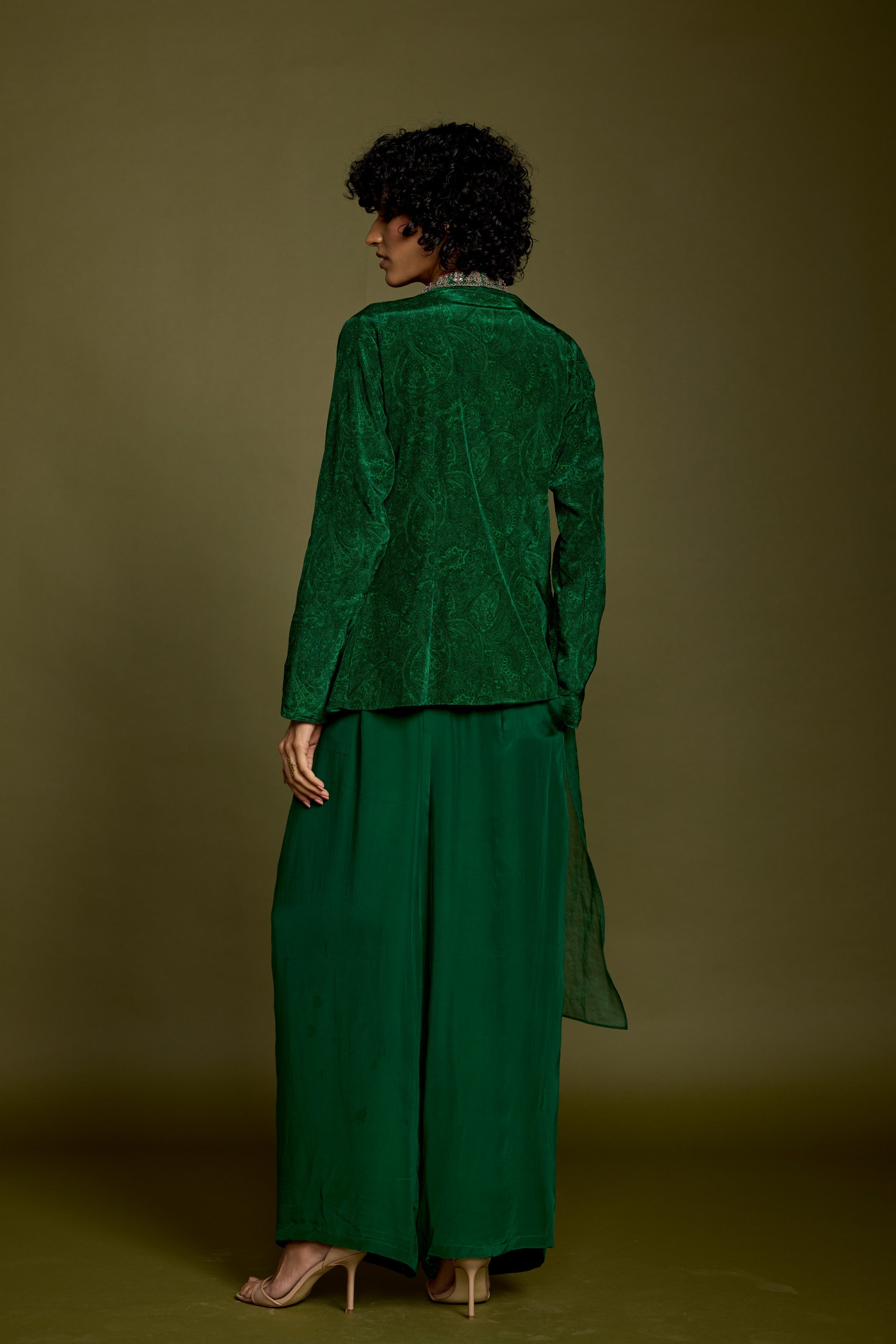 Emerald Green Embellished Satin Silk Co-Ord Set