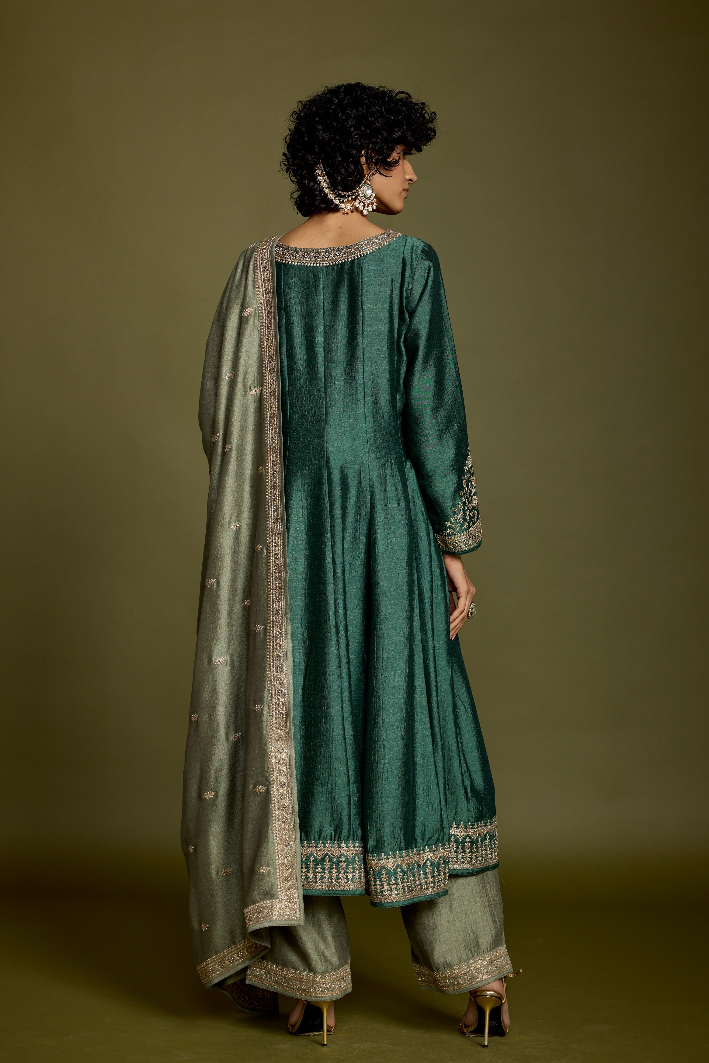 Emerald Green Embellished Raw Silk Anarkali Set