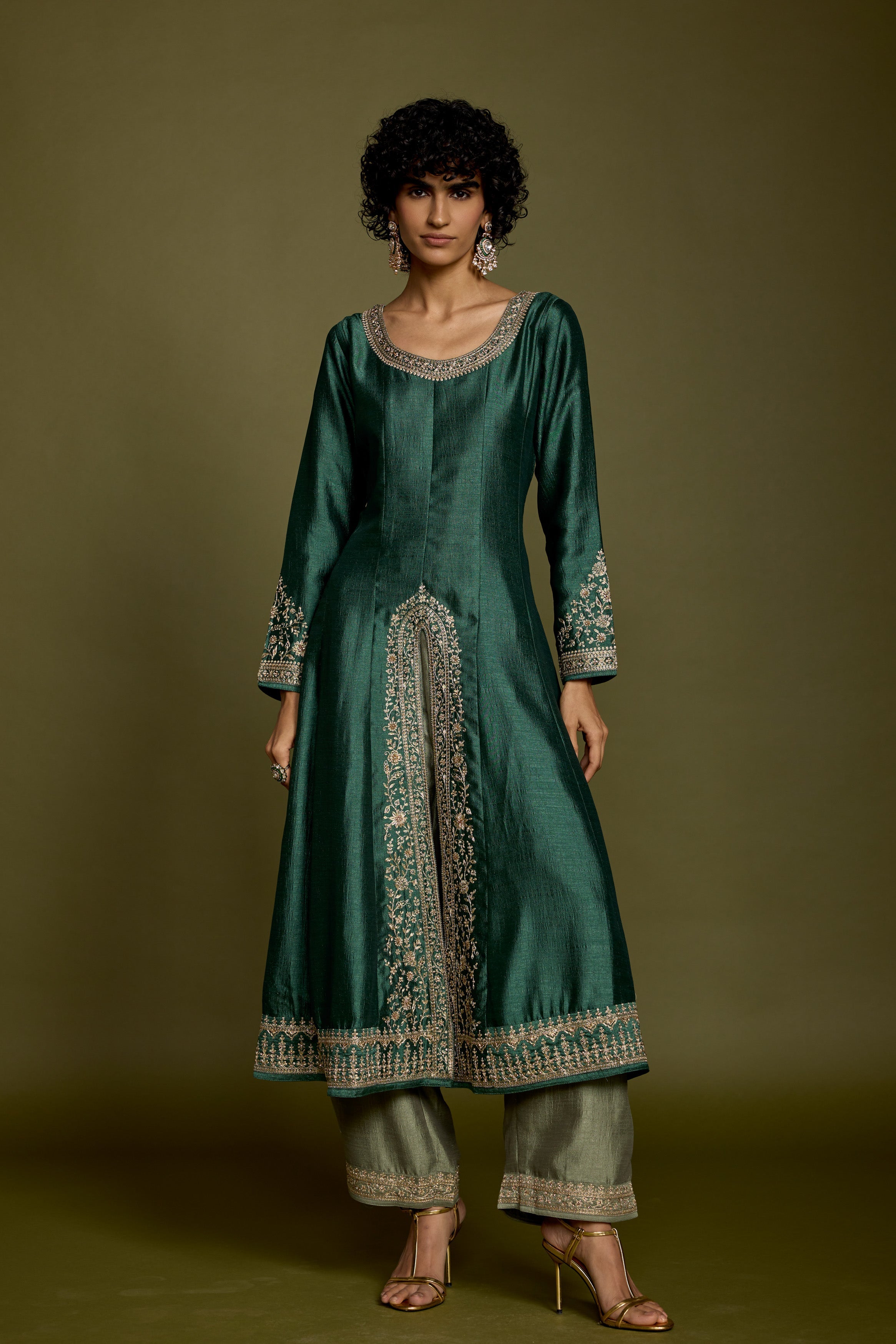 Emerald Green Embellished Raw Silk Anarkali Set