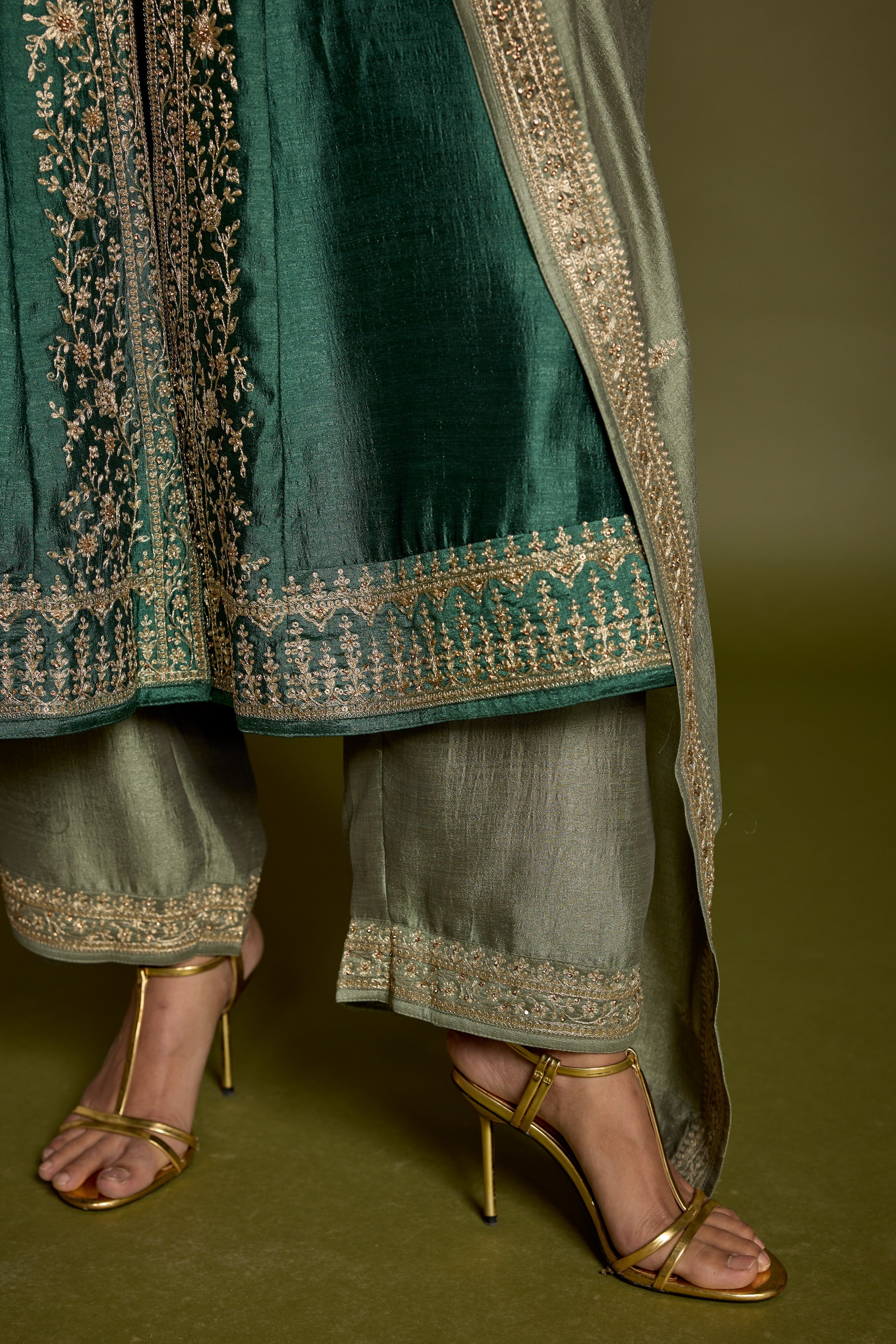 Emerald Green Embellished Raw Silk Anarkali Set