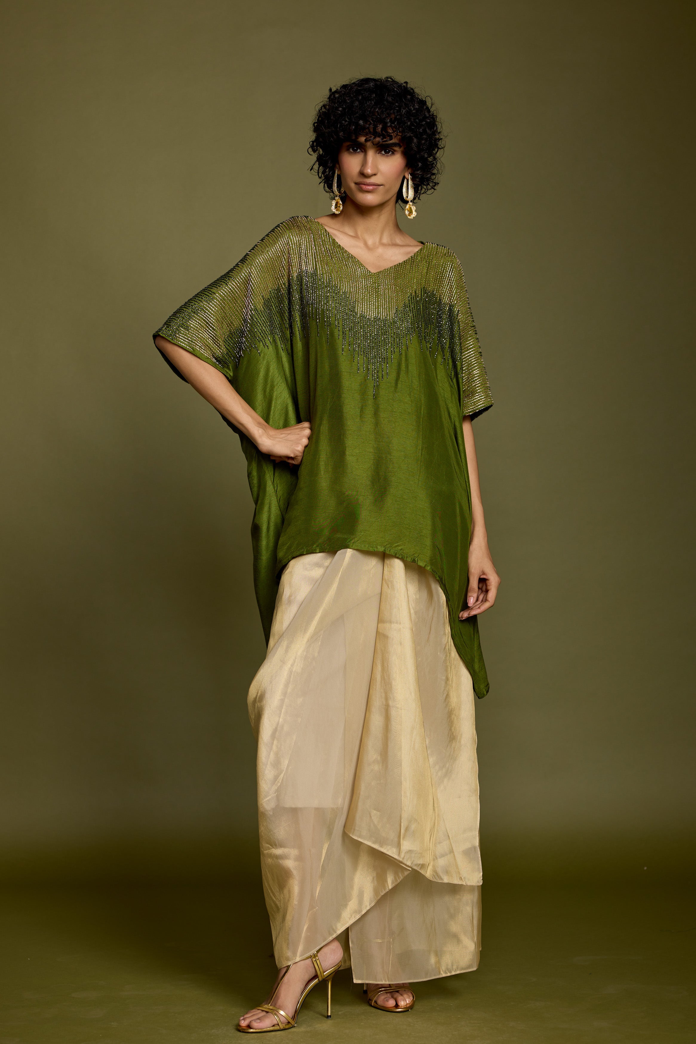 Olive Greeen Embellished Raw Silk Skirt Set