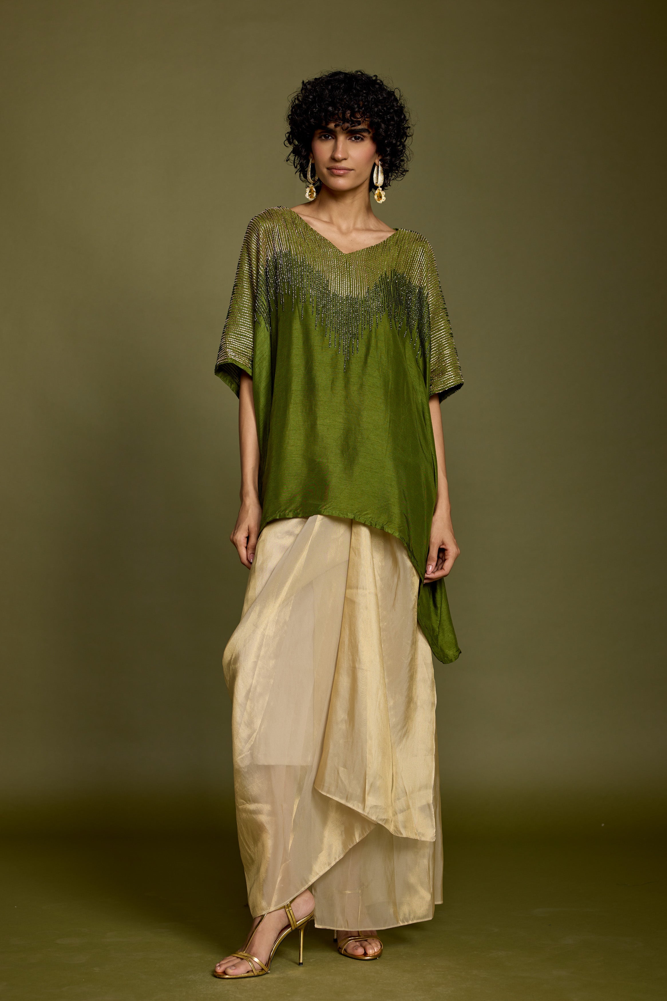 Olive Greeen Embellished Raw Silk Skirt Set