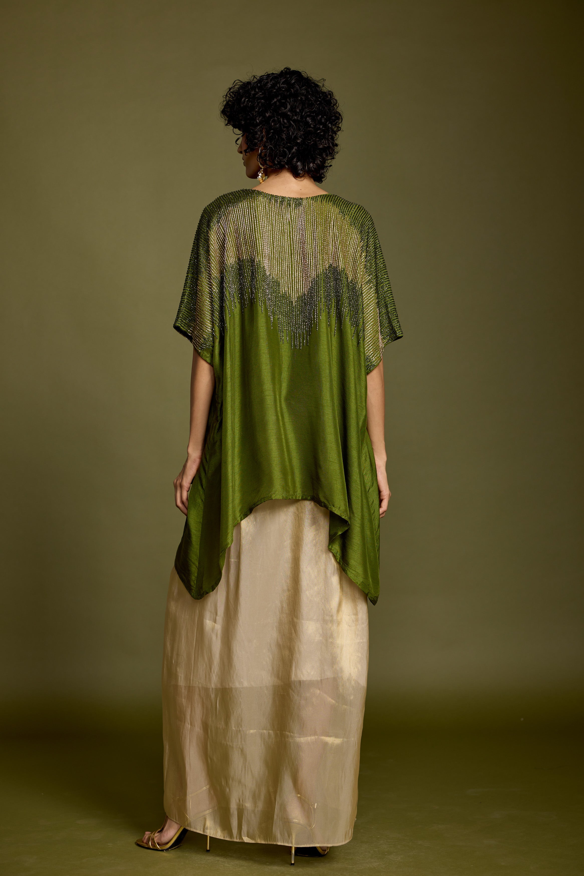 Olive Greeen Embellished Raw Silk Skirt Set