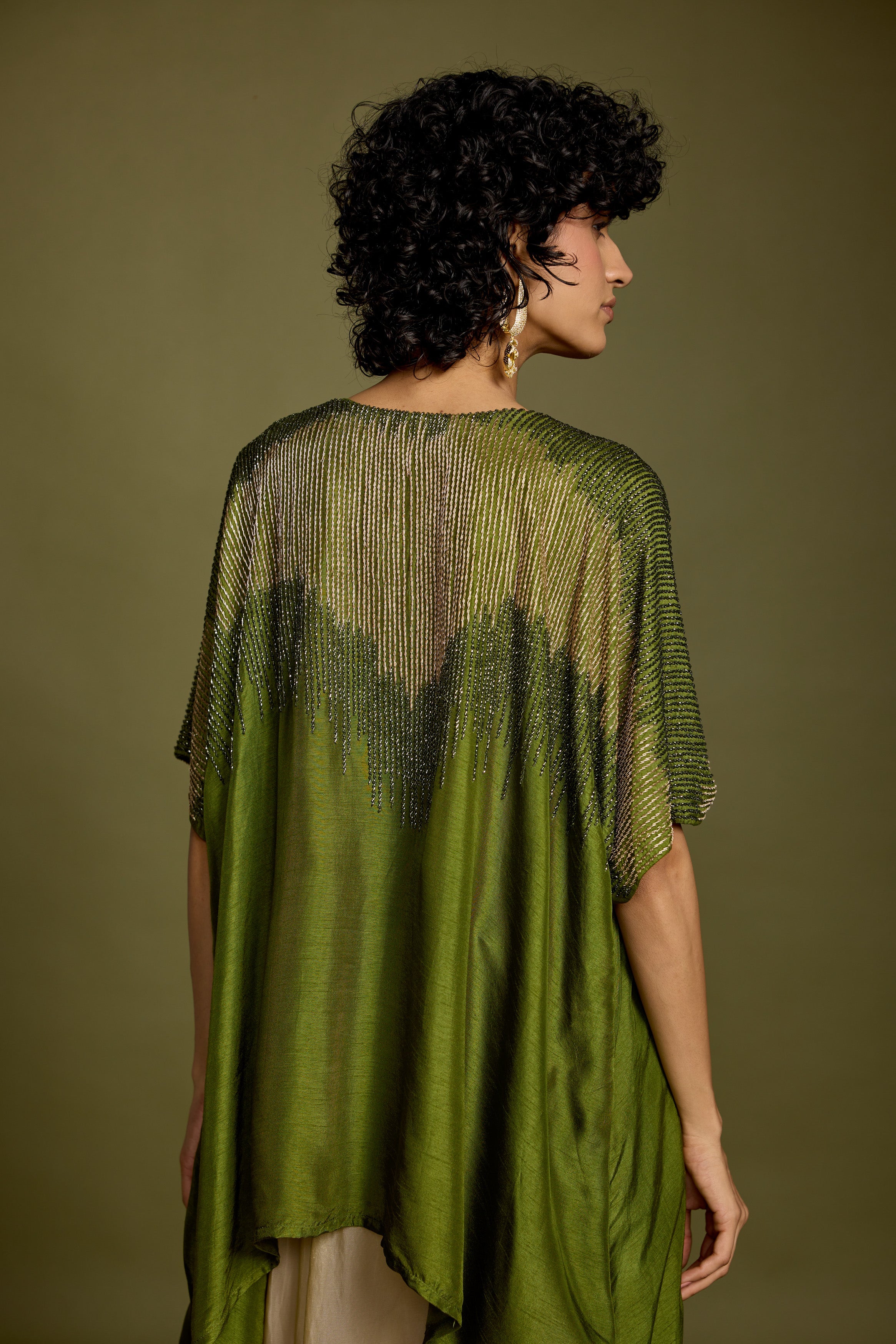 Olive Greeen Embellished Raw Silk Skirt Set