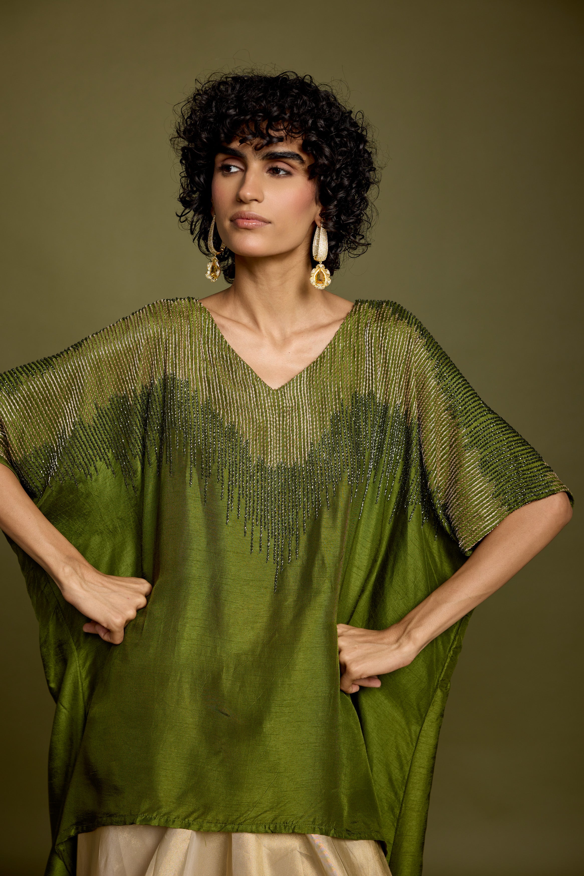 Olive Greeen Embellished Raw Silk Skirt Set