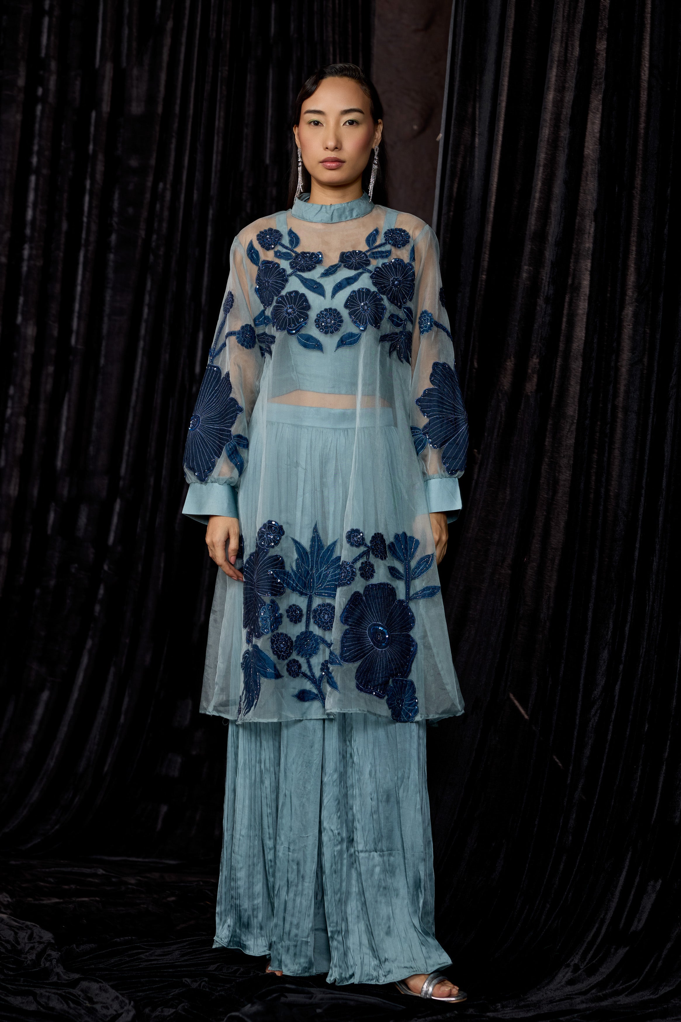 Dusty Teal Embellished Organza Silk Skirt Set