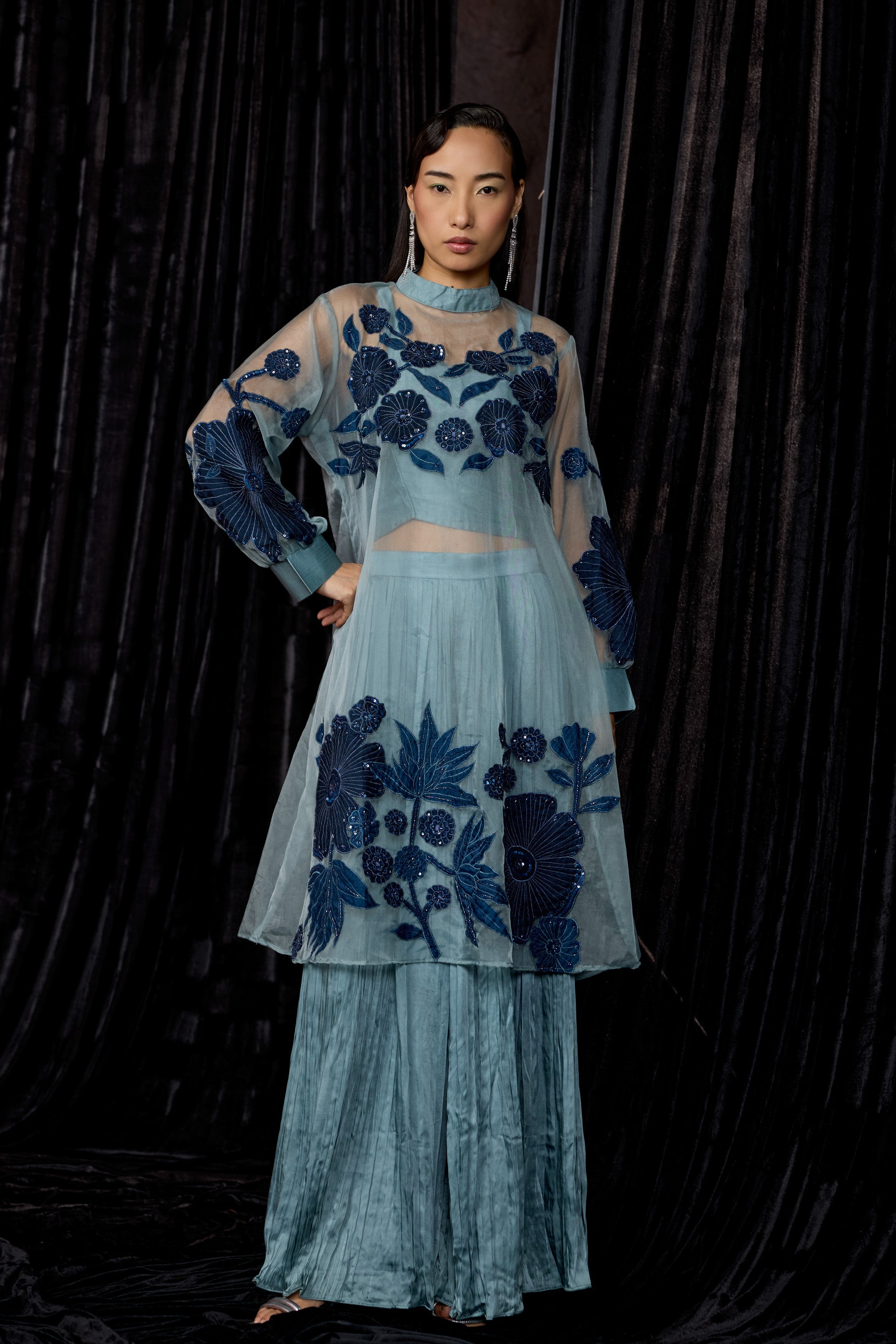 Dusty Teal Embellished Organza Silk Skirt Set