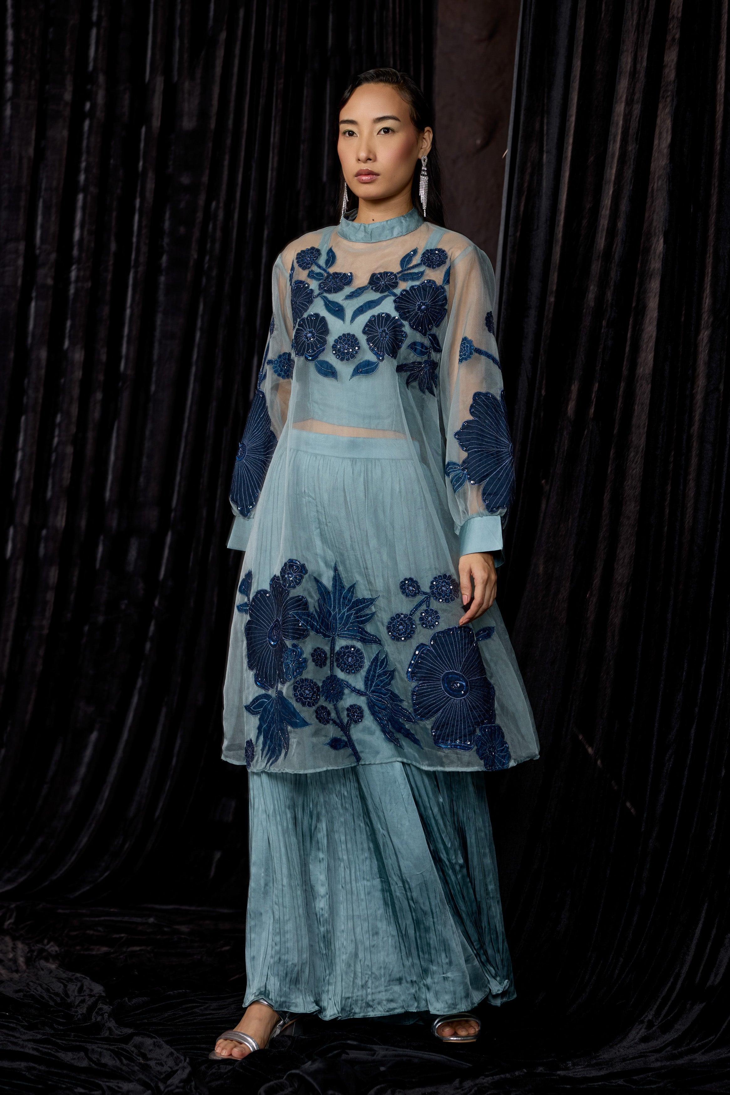 Dusty Teal Embellished Organza Silk Skirt Set