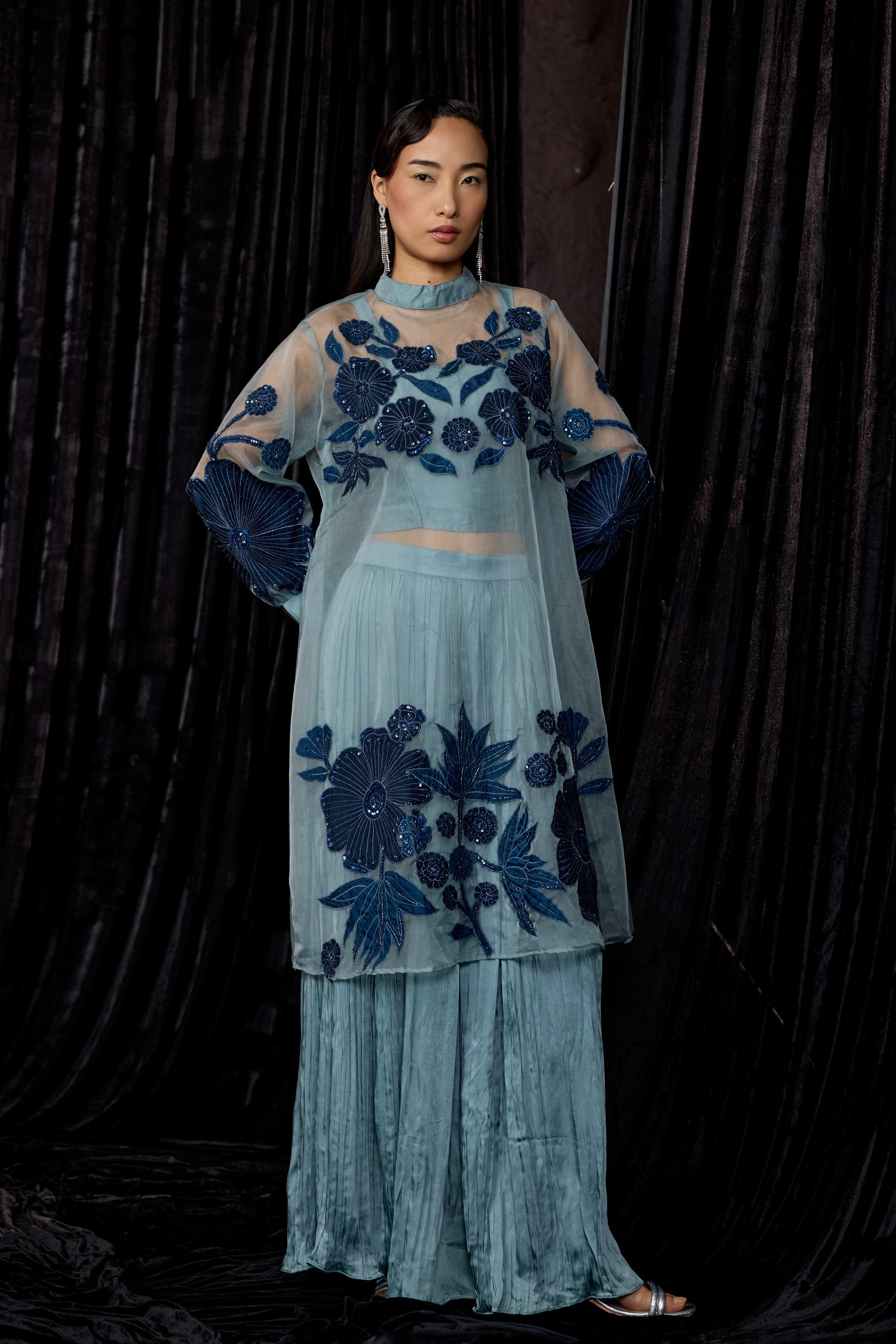 Dusty Teal Embellished Organza Silk Skirt Set