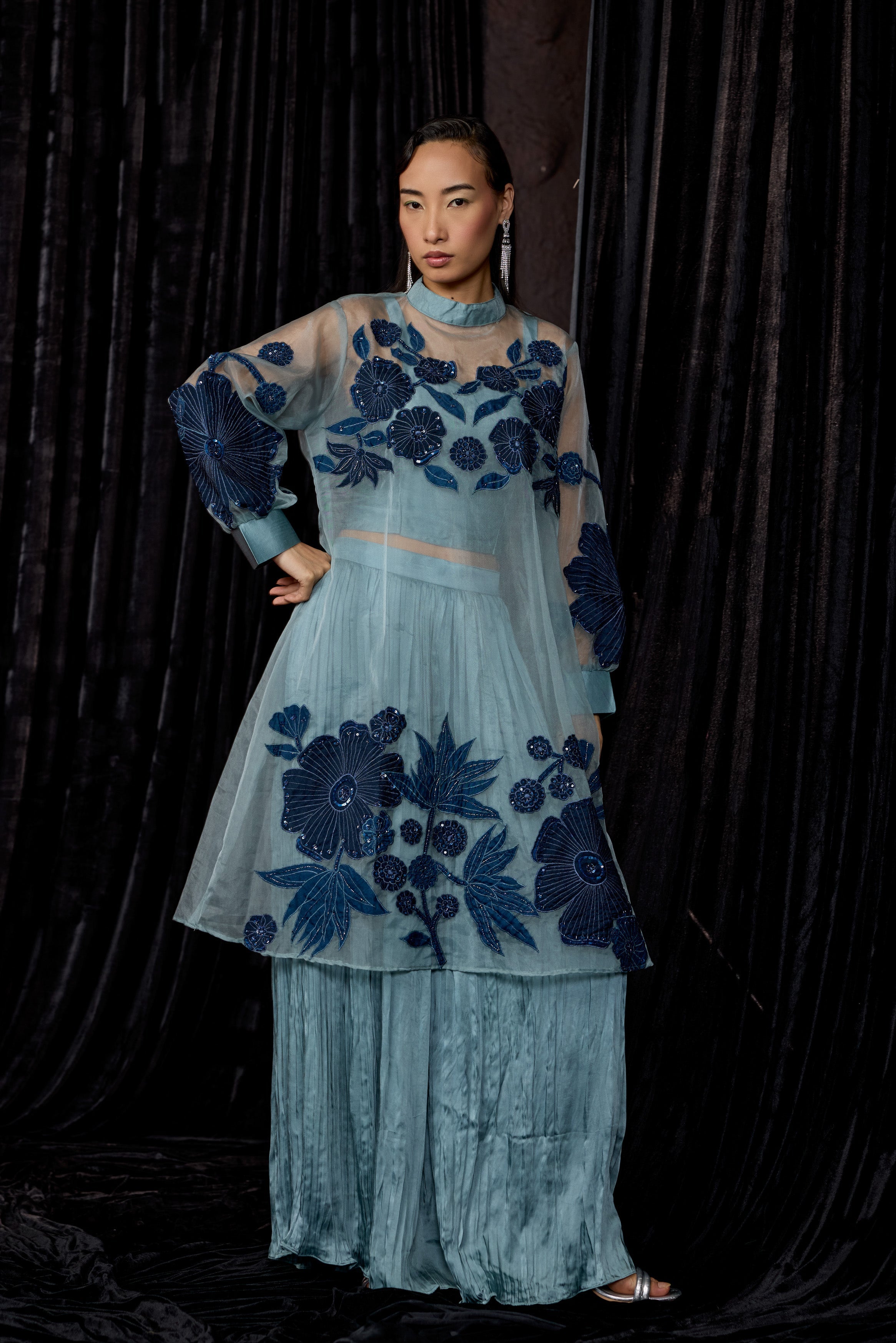 Dusty Teal Embellished Organza Silk Skirt Set