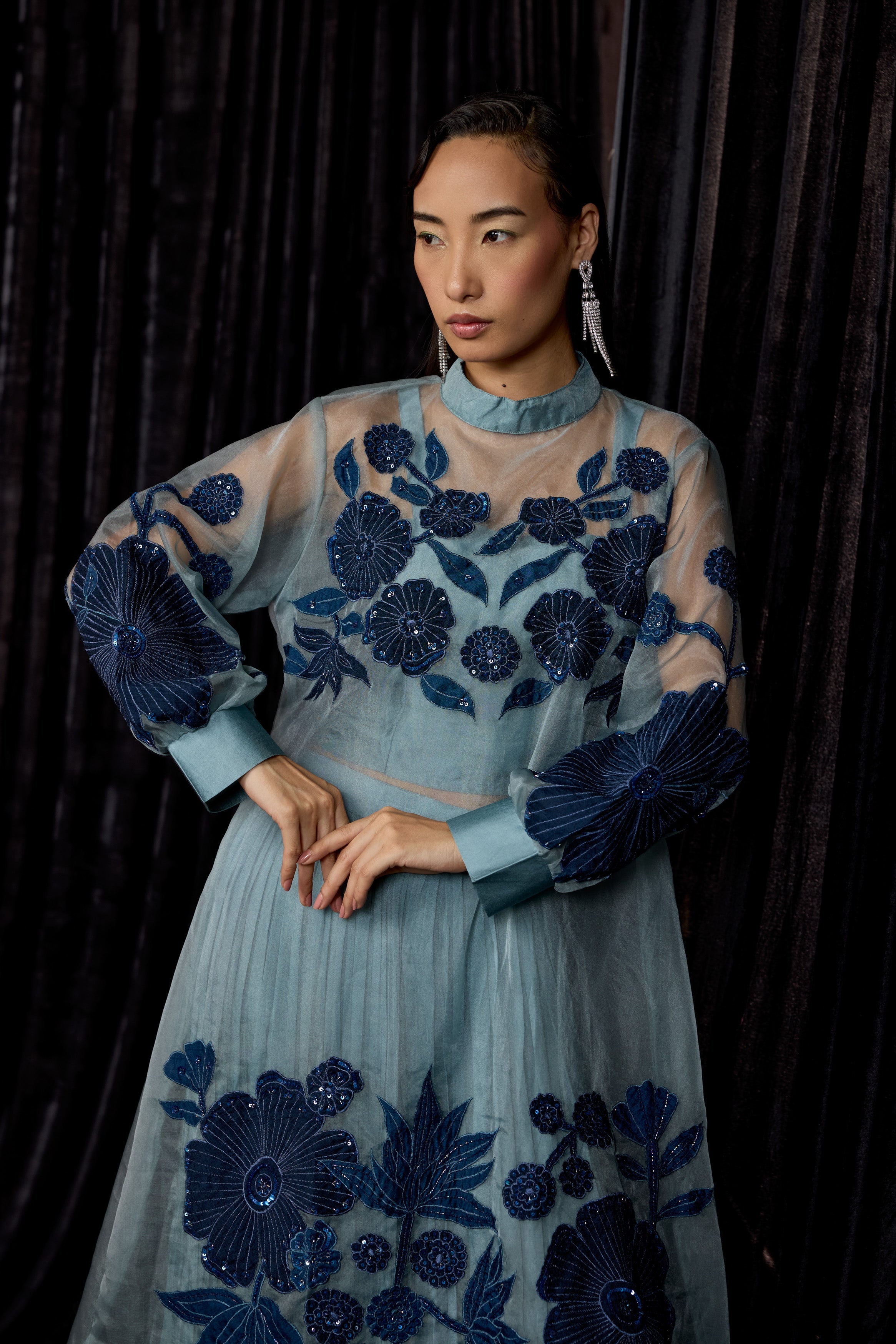 Dusty Teal Embellished Organza Silk Skirt Set