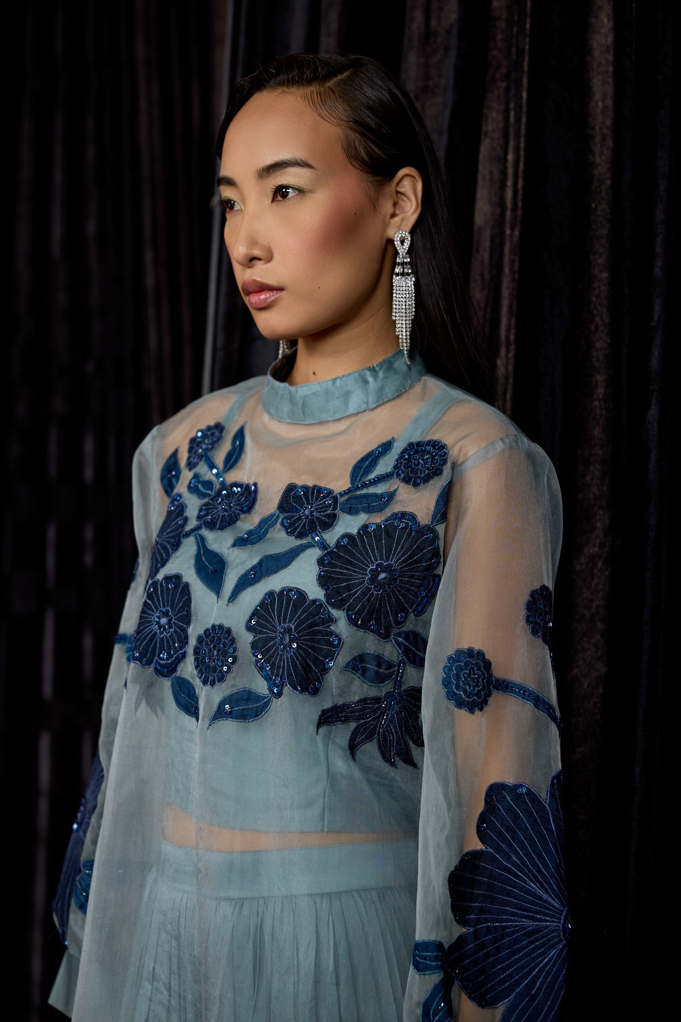 Dusty Teal Embellished Organza Silk Skirt Set