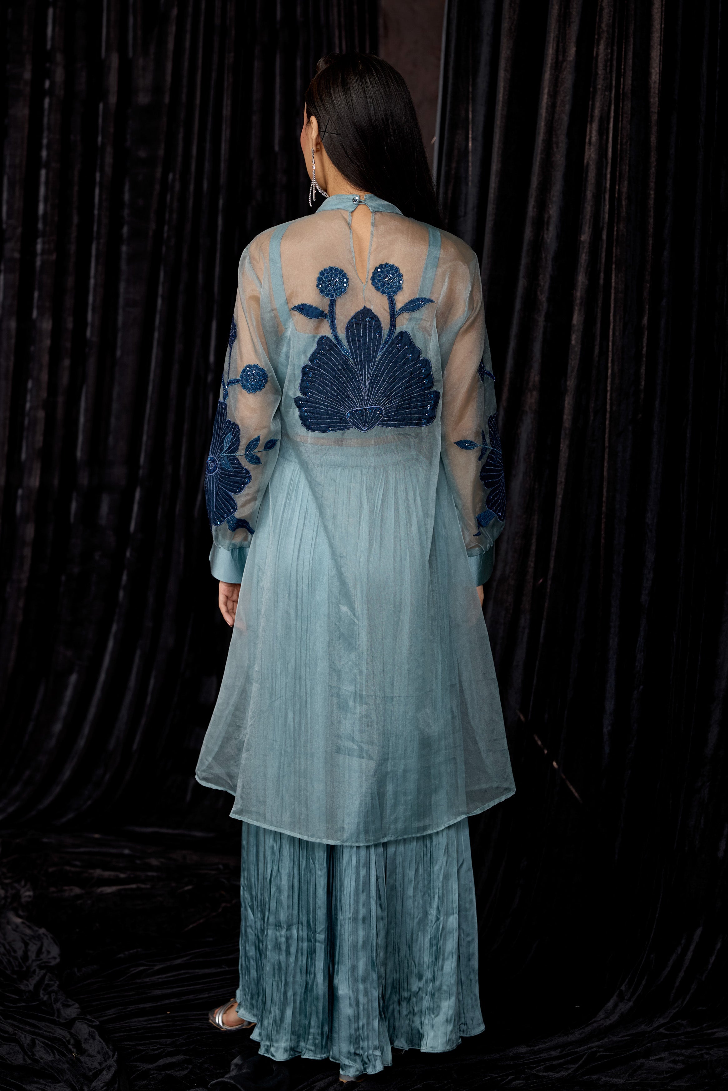 Dusty Teal Embellished Organza Silk Skirt Set