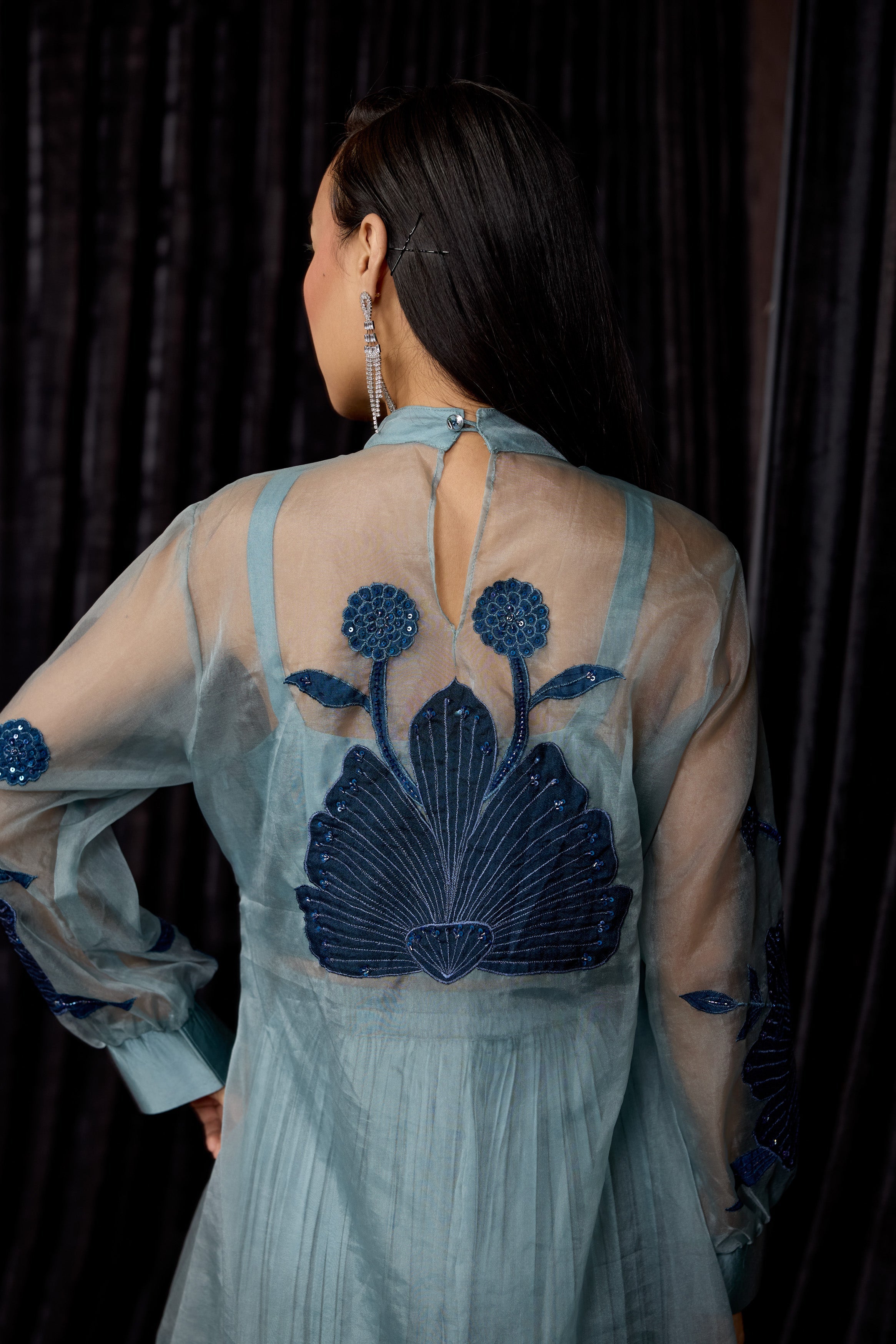 Dusty Teal Embellished Organza Silk Skirt Set