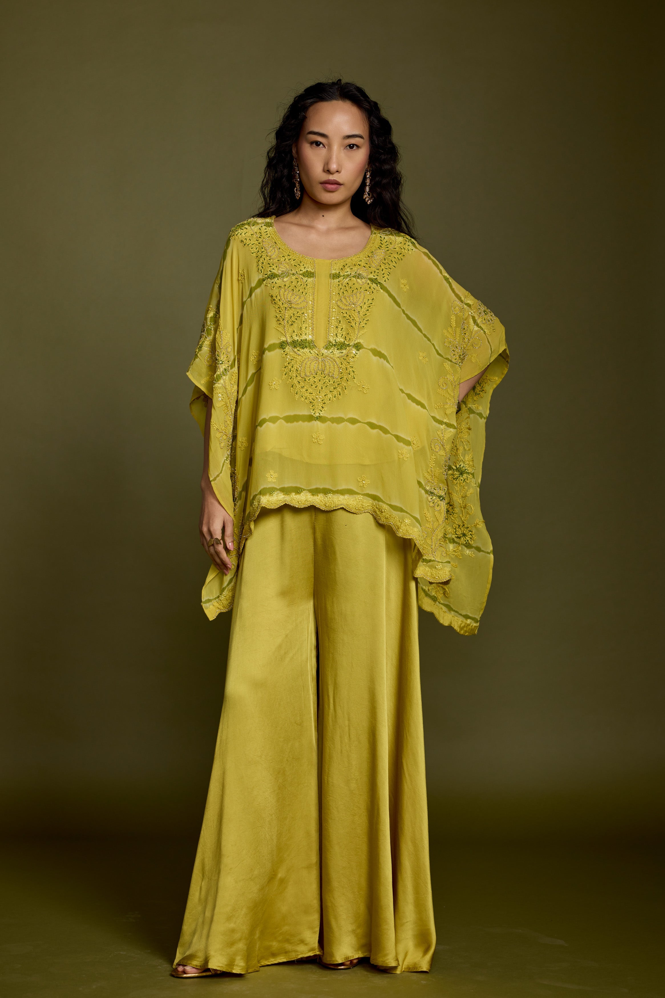 Lime Green Embroidered Georgette Silk Kaftan Set