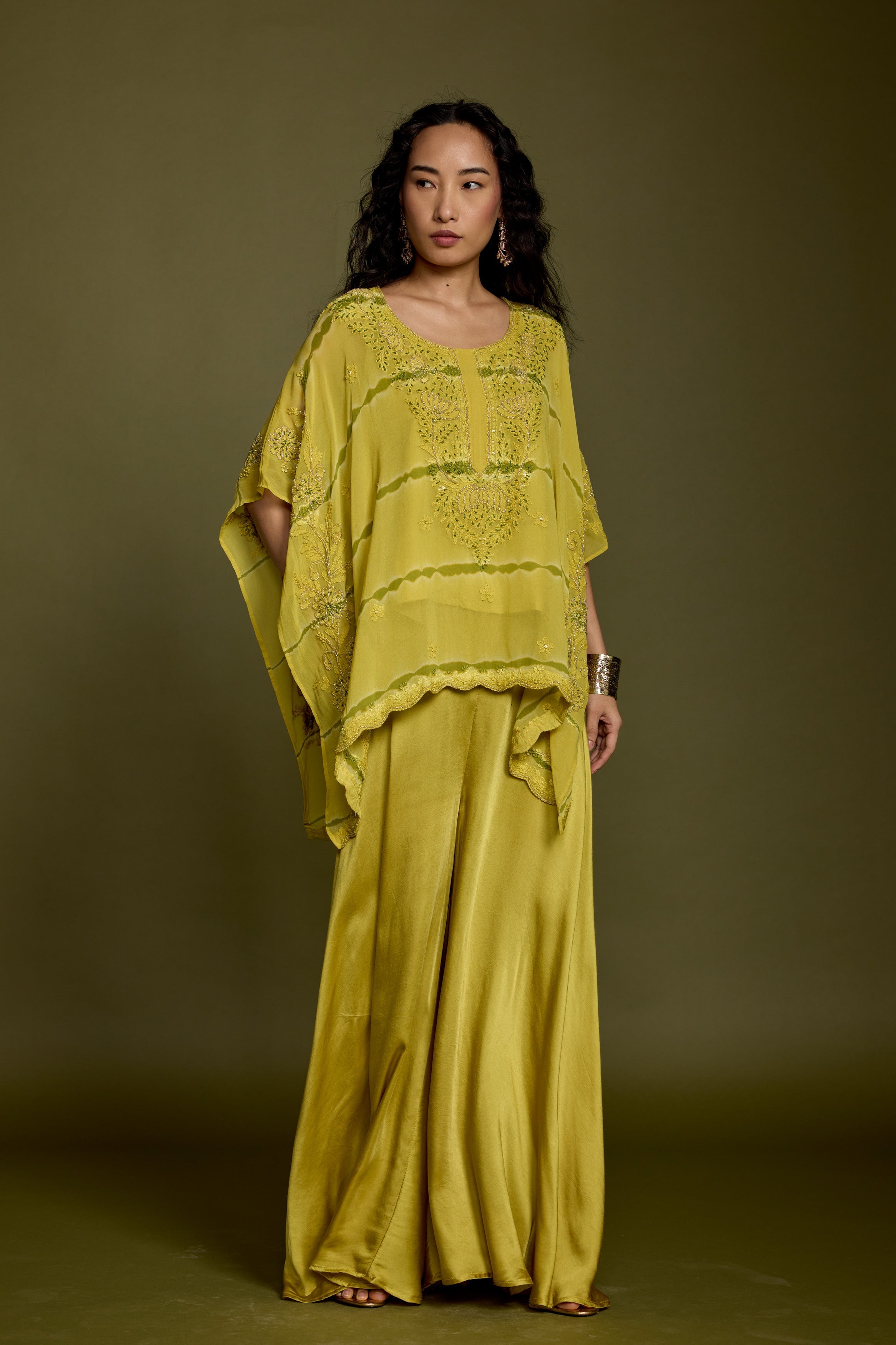 Lime Green Embroidered Georgette Silk Kaftan Set