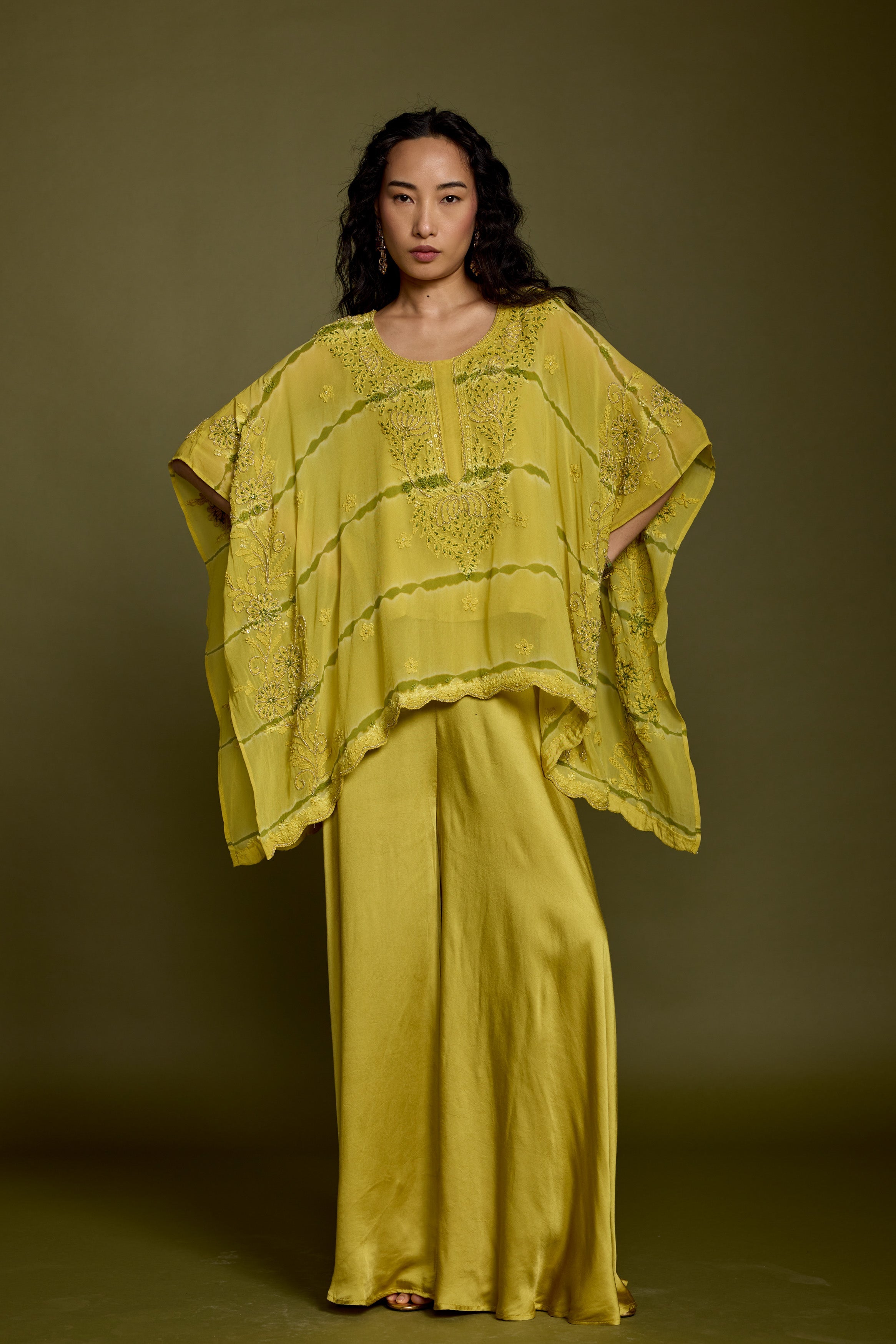 Lime Green Embroidered Georgette Silk Kaftan Set