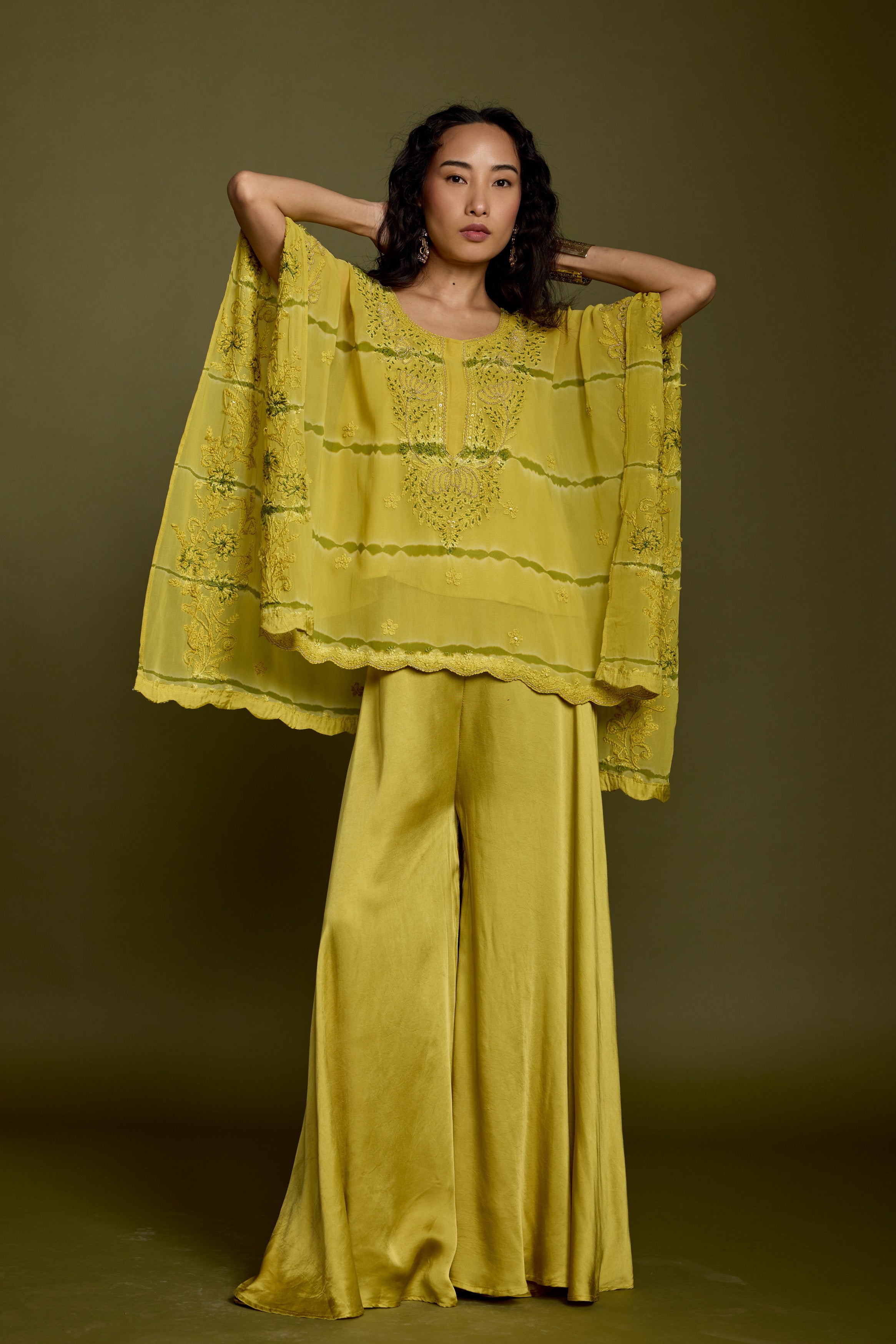 Lime Green Embroidered Georgette Silk Kaftan Set