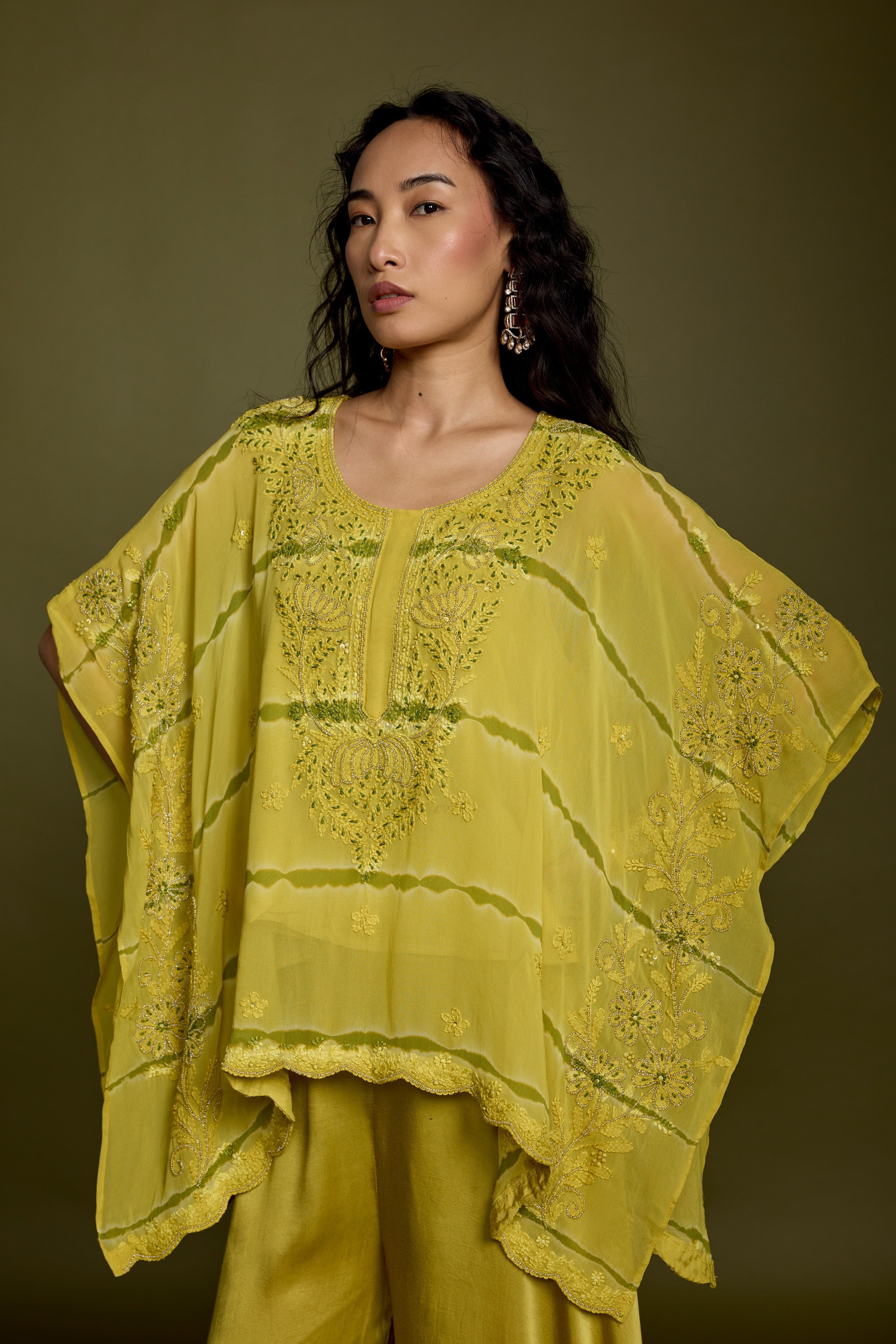 Lime Green Embroidered Georgette Silk Kaftan Set