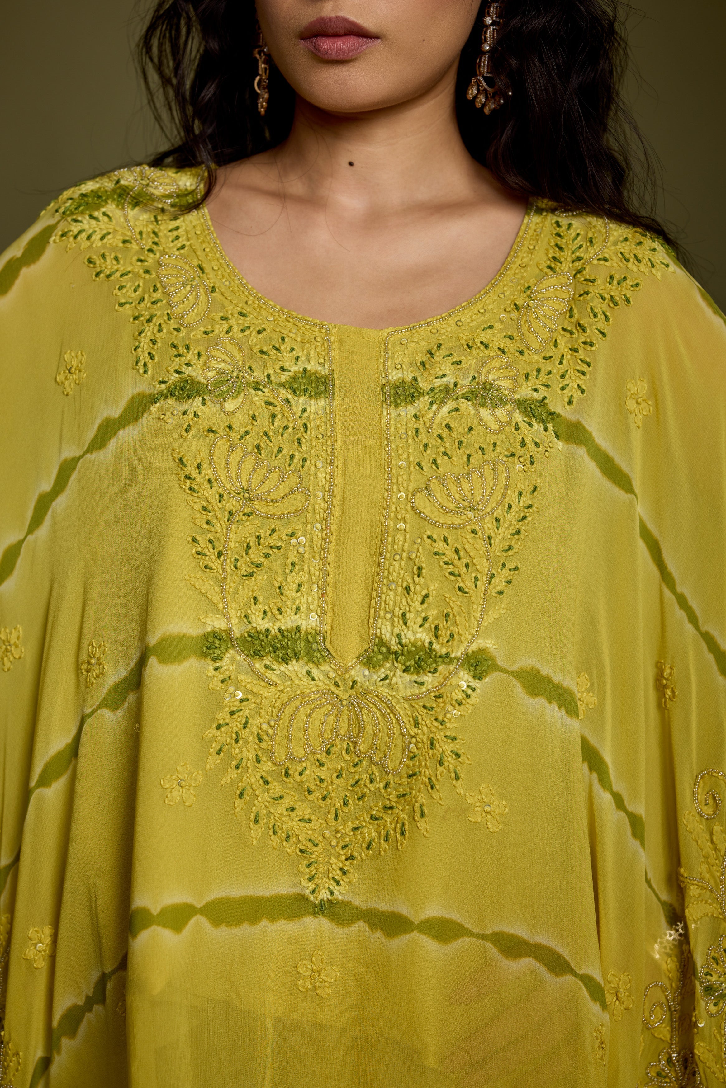 Lime Green Embroidered Georgette Silk Kaftan Set