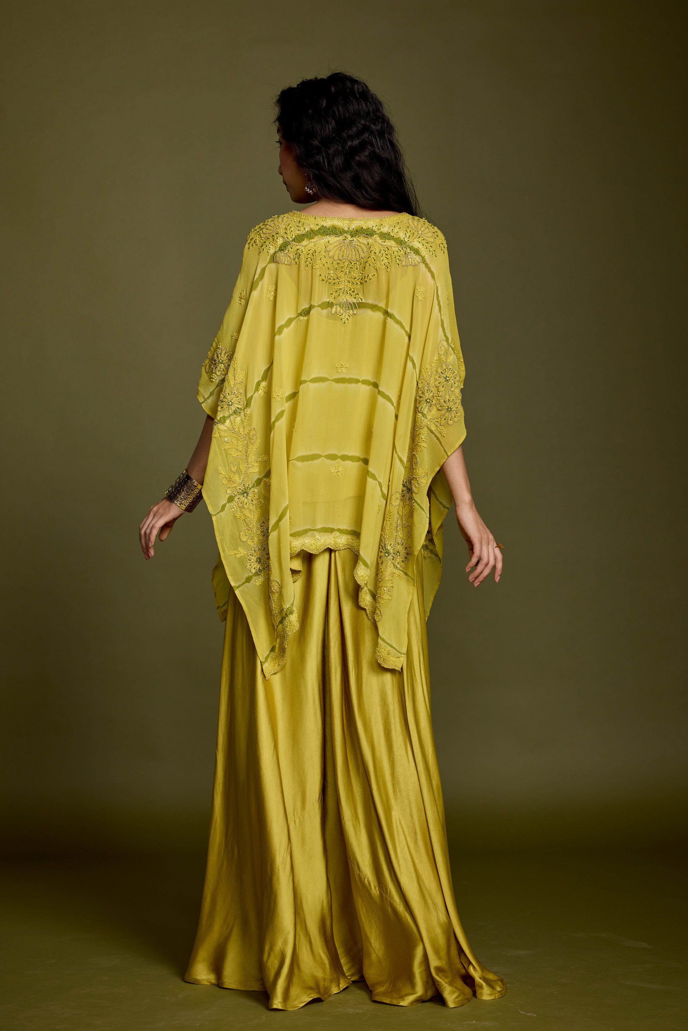 Lime Green Embroidered Georgette Silk Kaftan Set