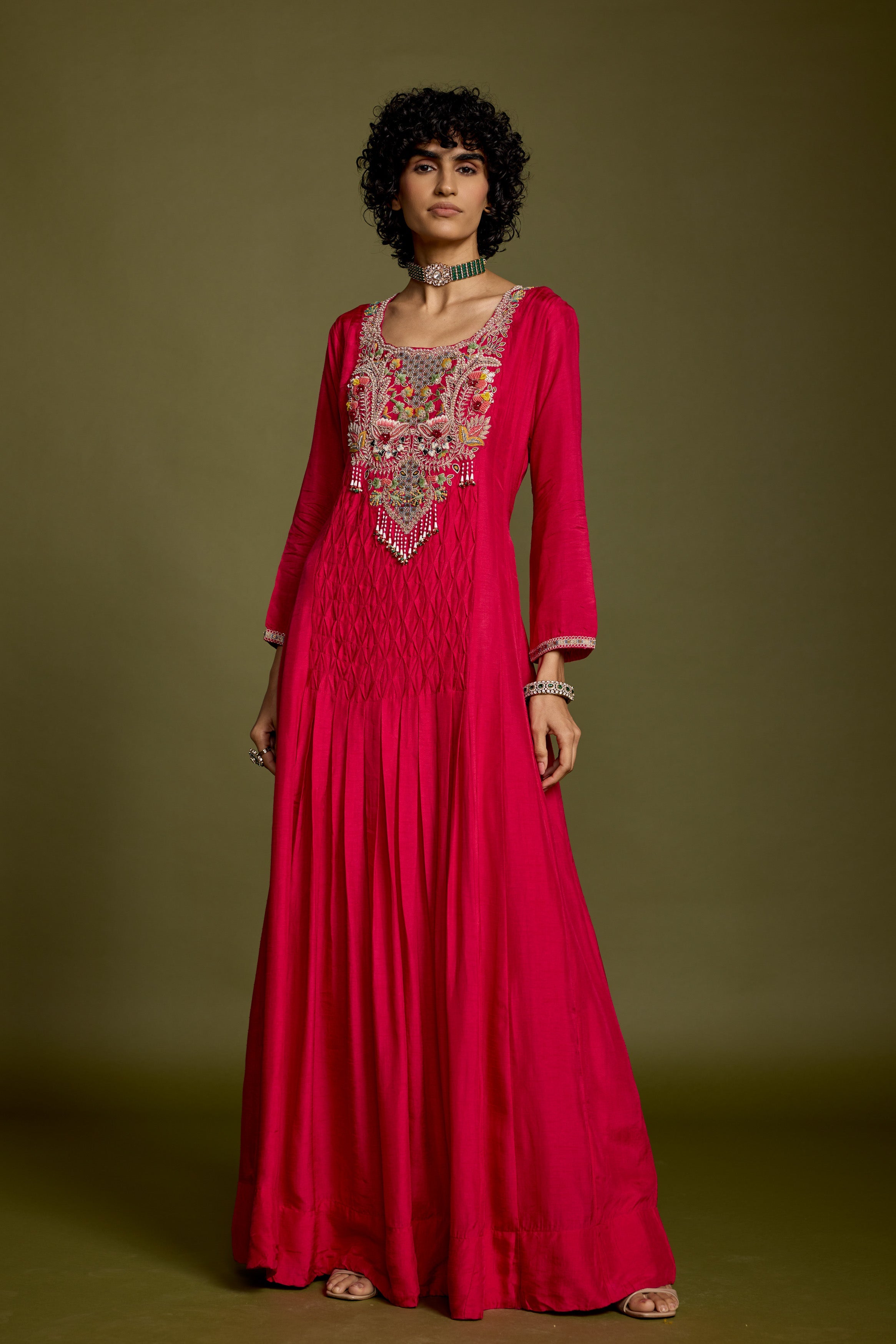 Dark Pink Embellished Raw Silk Gown