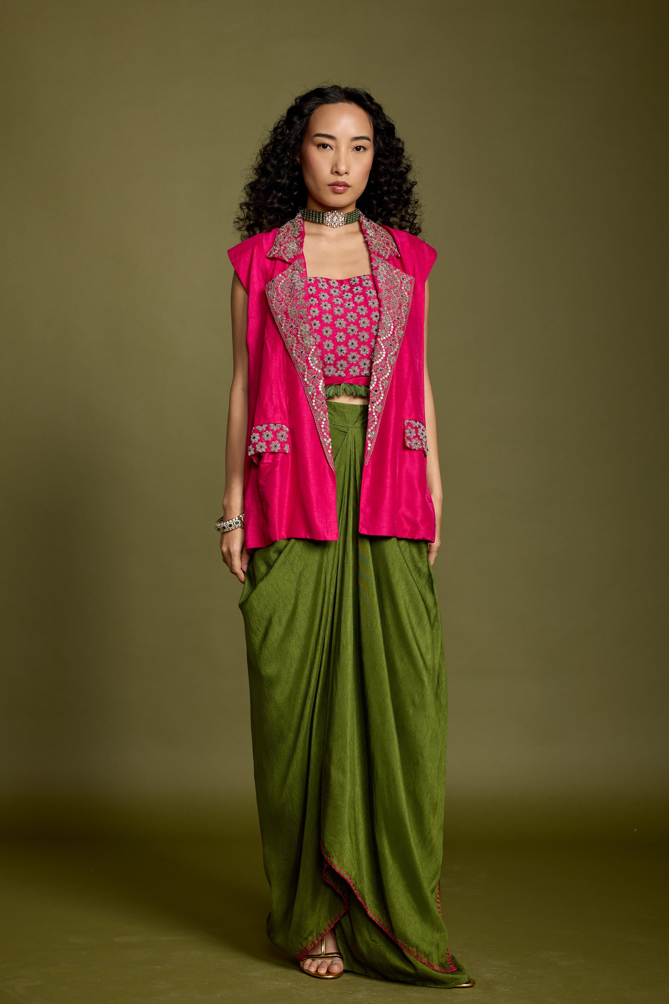 Bold Pink Embellished Raw Silk Drape Skirt With Jacket