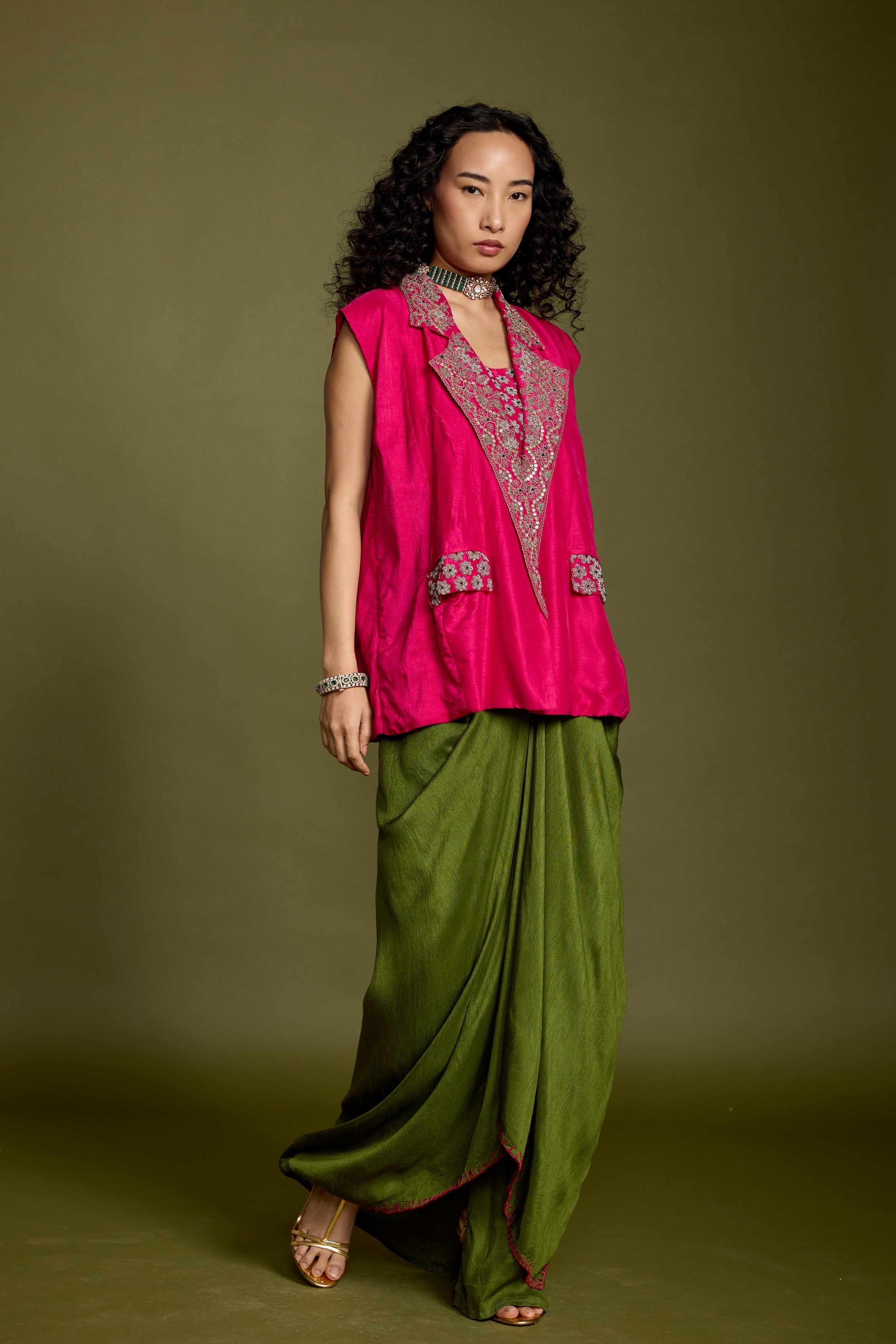 Bold Pink Embellished Raw Silk Drape Skirt With Jacket