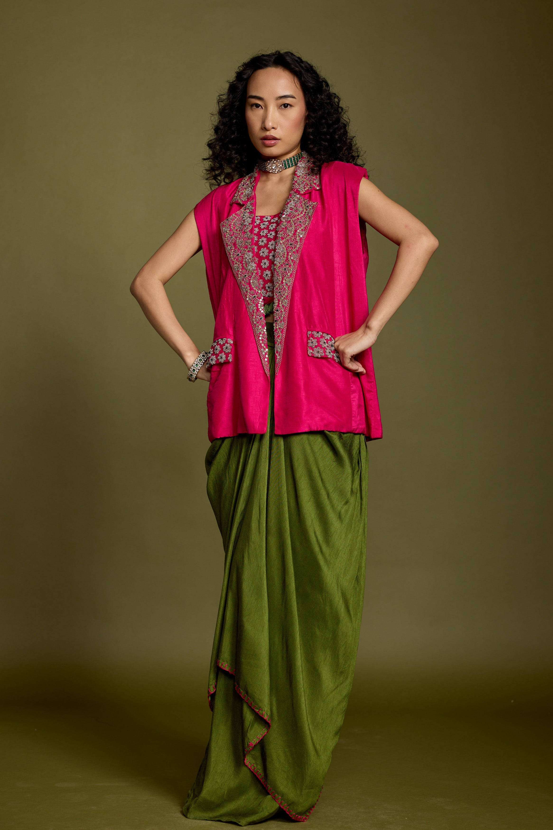 Bold Pink Embellished Raw Silk Drape Skirt With Jacket