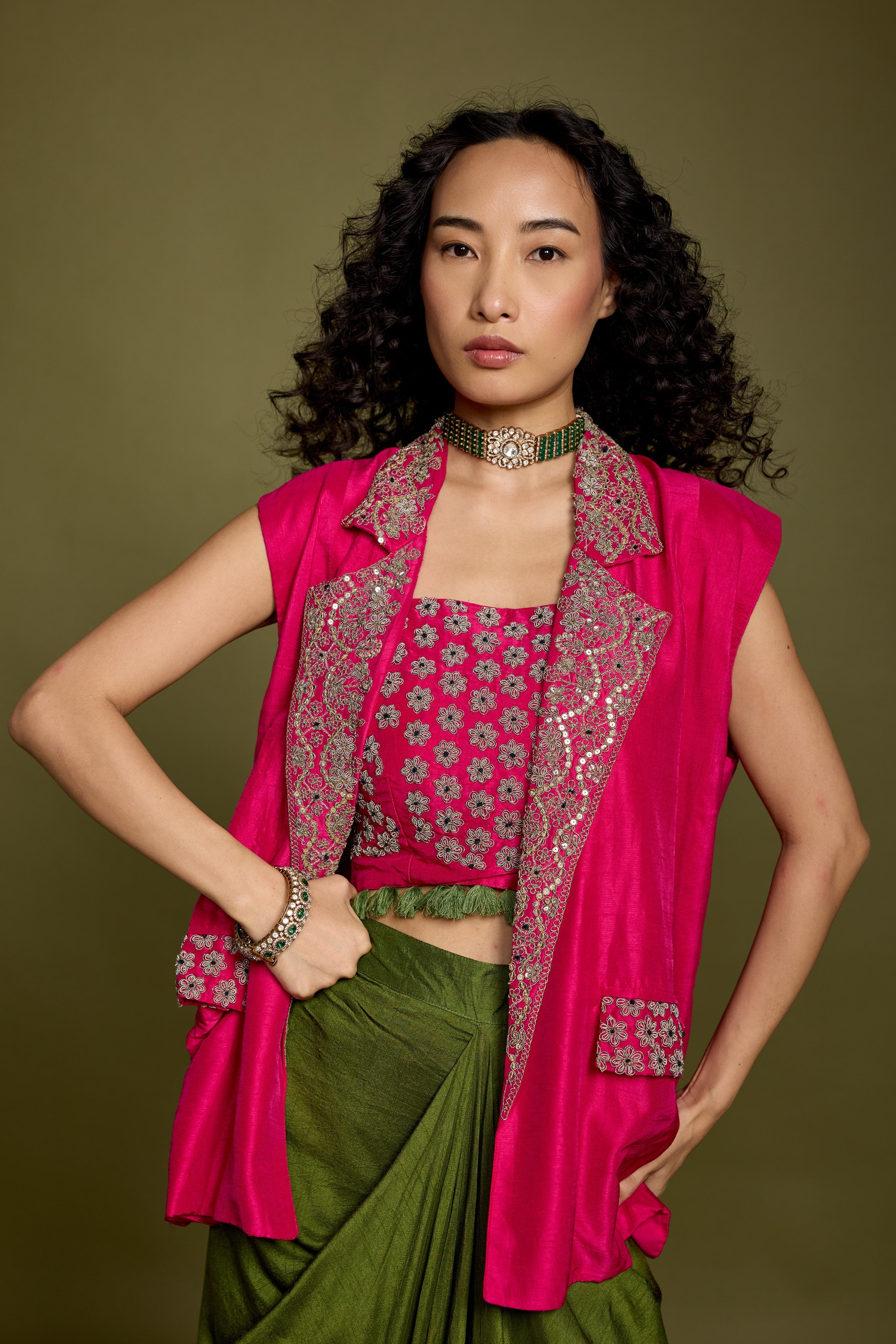 Bold Pink Embellished Raw Silk Drape Skirt With Jacket