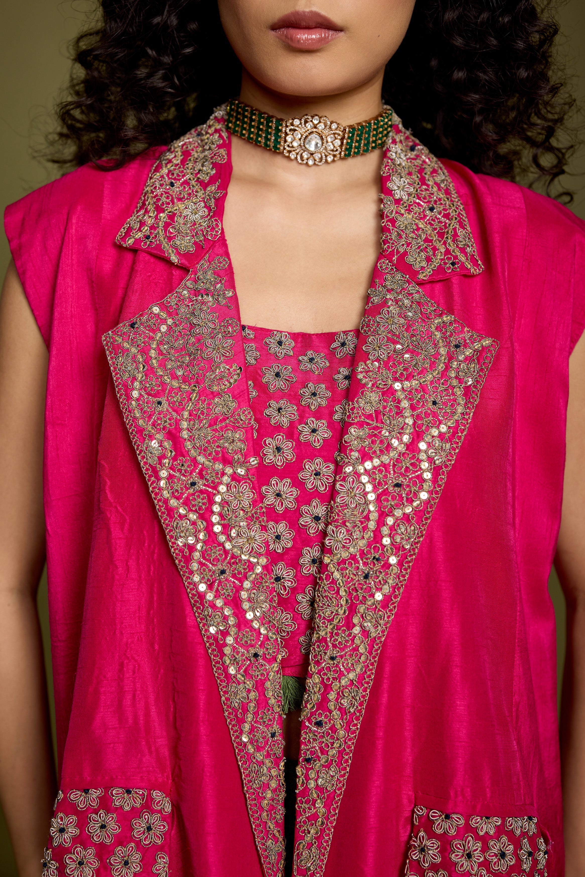 Bold Pink Embellished Raw Silk Drape Skirt With Jacket