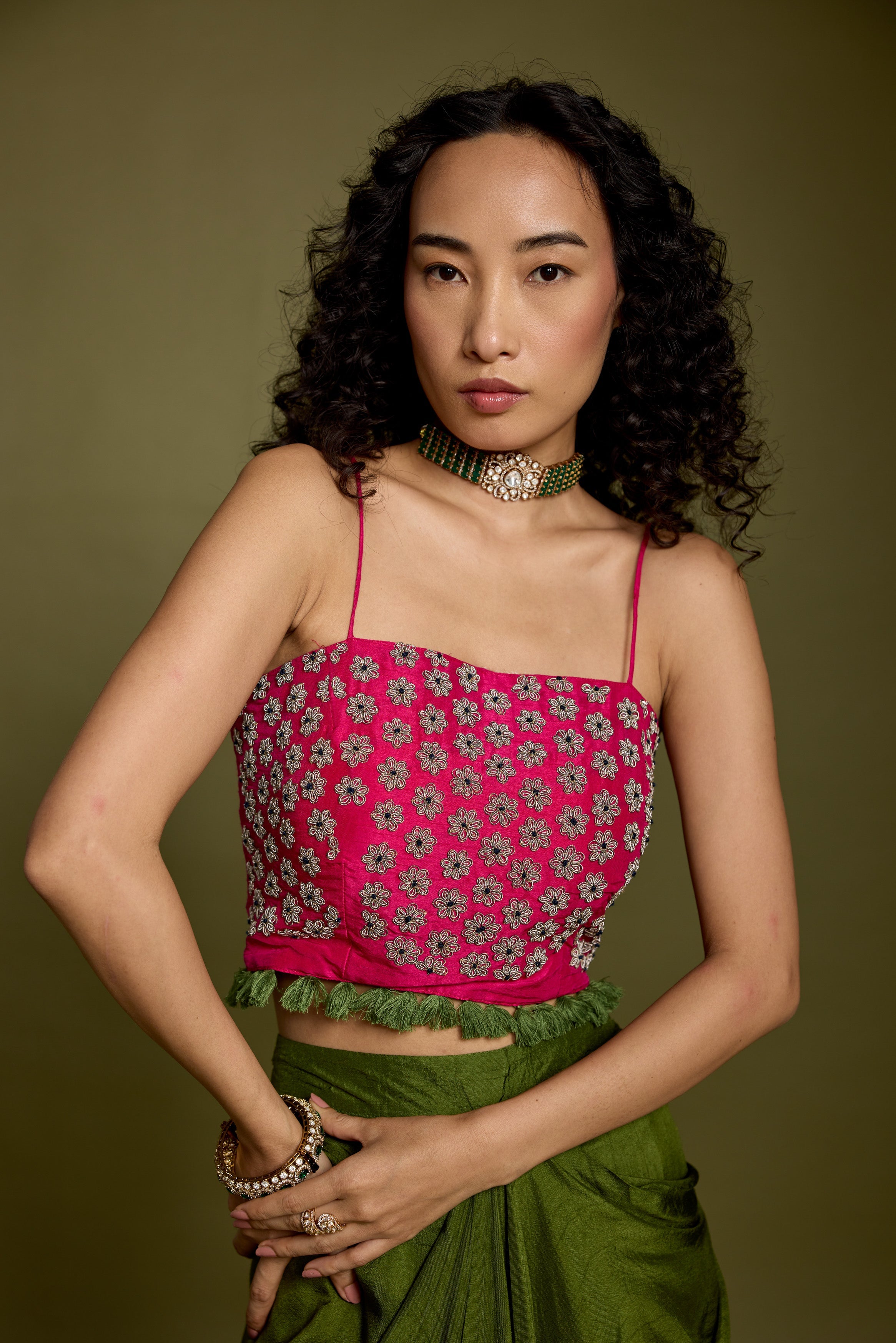 Bold Pink Embellished Raw Silk Drape Skirt With Jacket